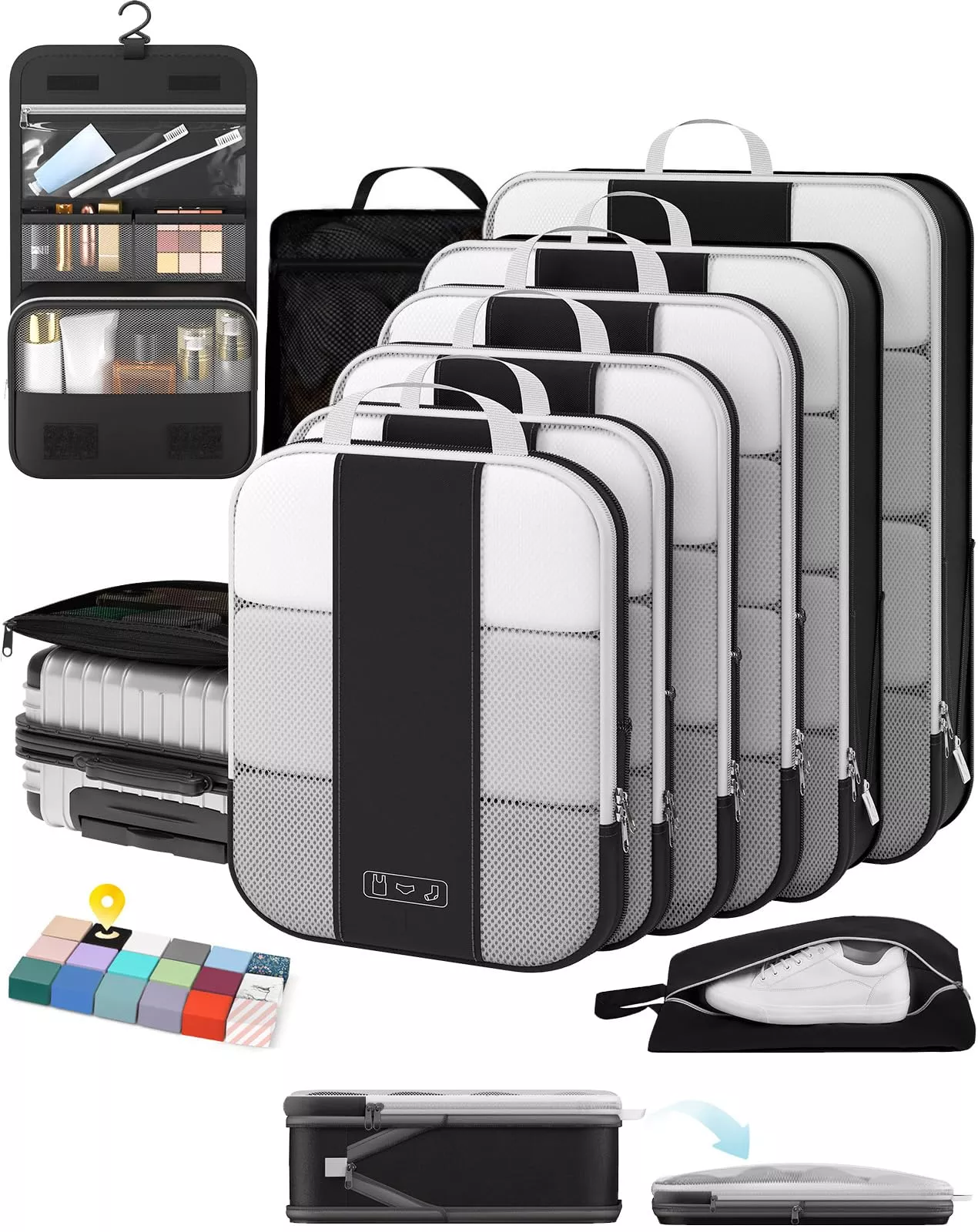 10 Set Compression Packing Cubes for Travel Essentials,Compressible Expandable Packing Cubes for Suitcase,OlarHike Luggage Organizer Bags for Travel,Handy Helper for Organizing Clothes(Black)