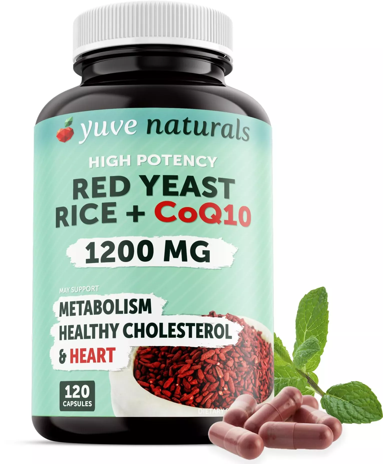 100% Natural Red Yeast Rice 1200 mg with CoQ10 100 mg, 2 in 1, Maintain Healthy Cholesterol Levels - 120 Veggie Capsules