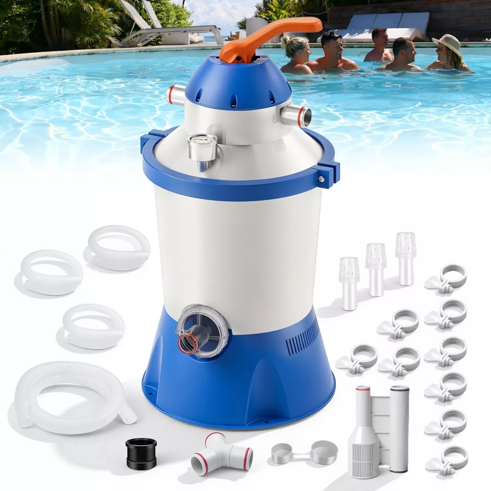 1000 GPH Pool Sand Filter Pump for Above Ground Pools, Energy-Saving & Low Noise - 6-Way Valve - ETL Certified & GFCI Protected