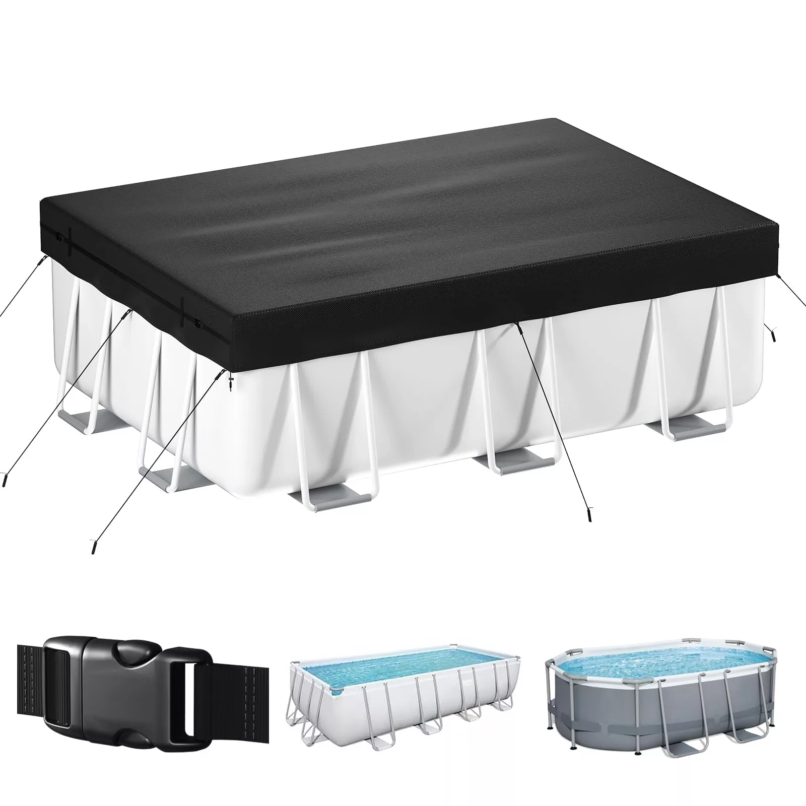 10x16 FT Rectangular Pool Cover, Solar Pool Cover for Above Ground Pool, Swimming Pool Cover Including Buckle, Drawstring and Ground Nails for Rectangular or Oval Pools