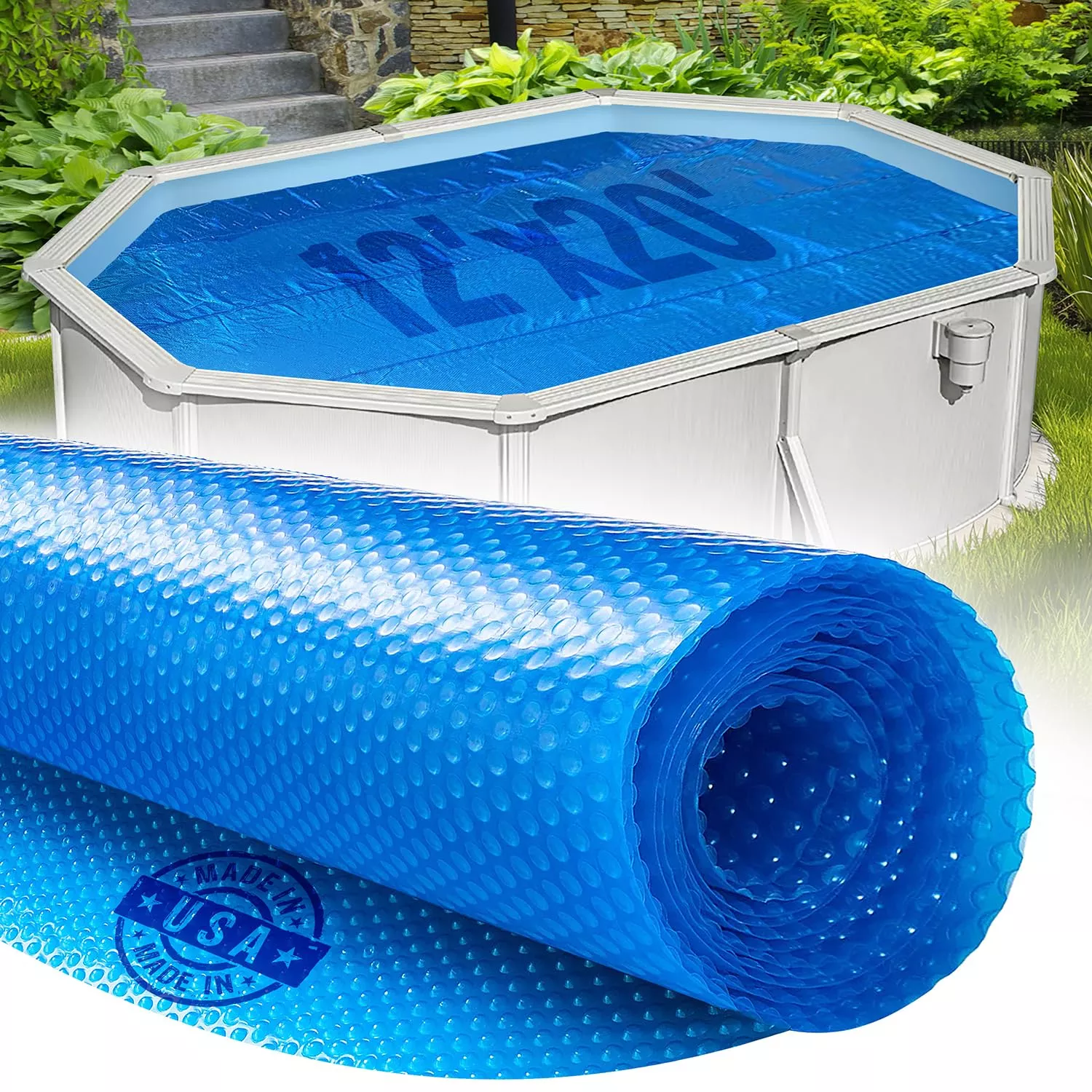 12' x 20' Oval Solar Cover for Inground and Above Ground Pools, 12 Mil - Premium Heavy Duty Solar Blanket for Above Ground Pool, Blue - Made in USA