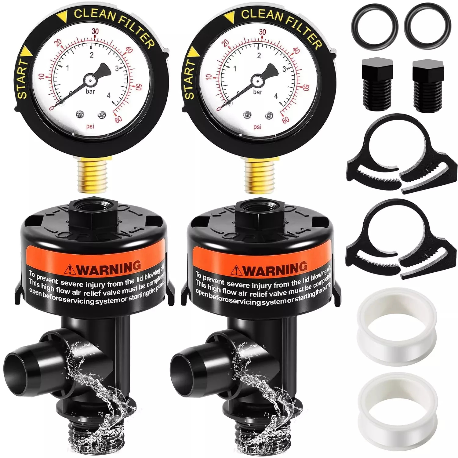2 Pack 98209800 High Flow Manual Air Relief Valve w /Pressure Gauge Replacement for Pool and Spa Filter for Pool and Spa Filter Clean & Clear, EasyClean, Warrior, FNS /FNS Plus, Predator Pool Filter