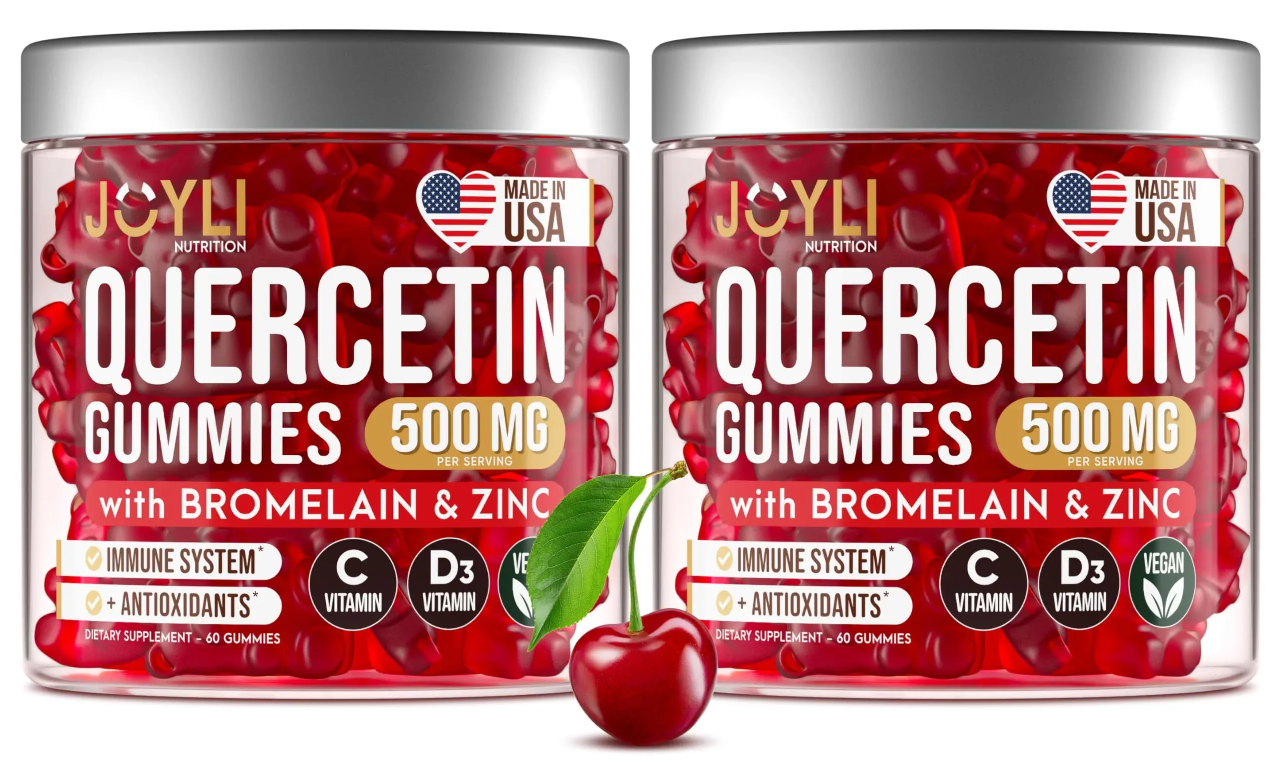 2 Pack - JOYLI Quercetin Gummies with Bromelain, Zinc, Vitamin C & D3 – Sugar-Free Quercetin Supplement for Immune Support & Seasonal Wellness – 500mg Quercetin for Kids & Adults – 60 Gummies per Pack