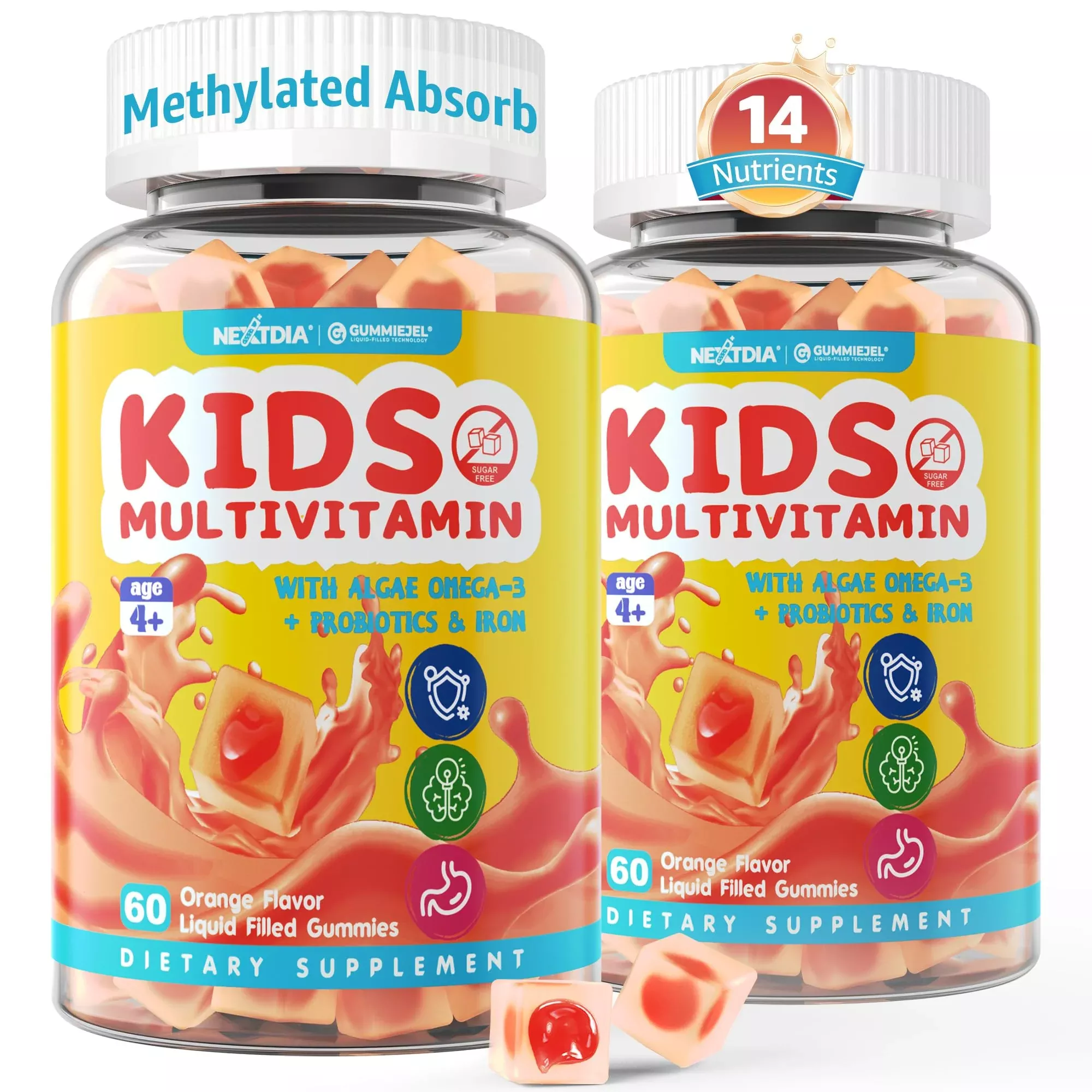 (2 Pack) Kids Multivitamin Gummies with Iron, Sugar Free, Kids Daily Vitamins + Probiotics, Algae Omega 3 (EPA /DHA), A, C, D, Methyl B12, Folate, B6, Zinc, Biotin, for Healthy Growth, Immune Support