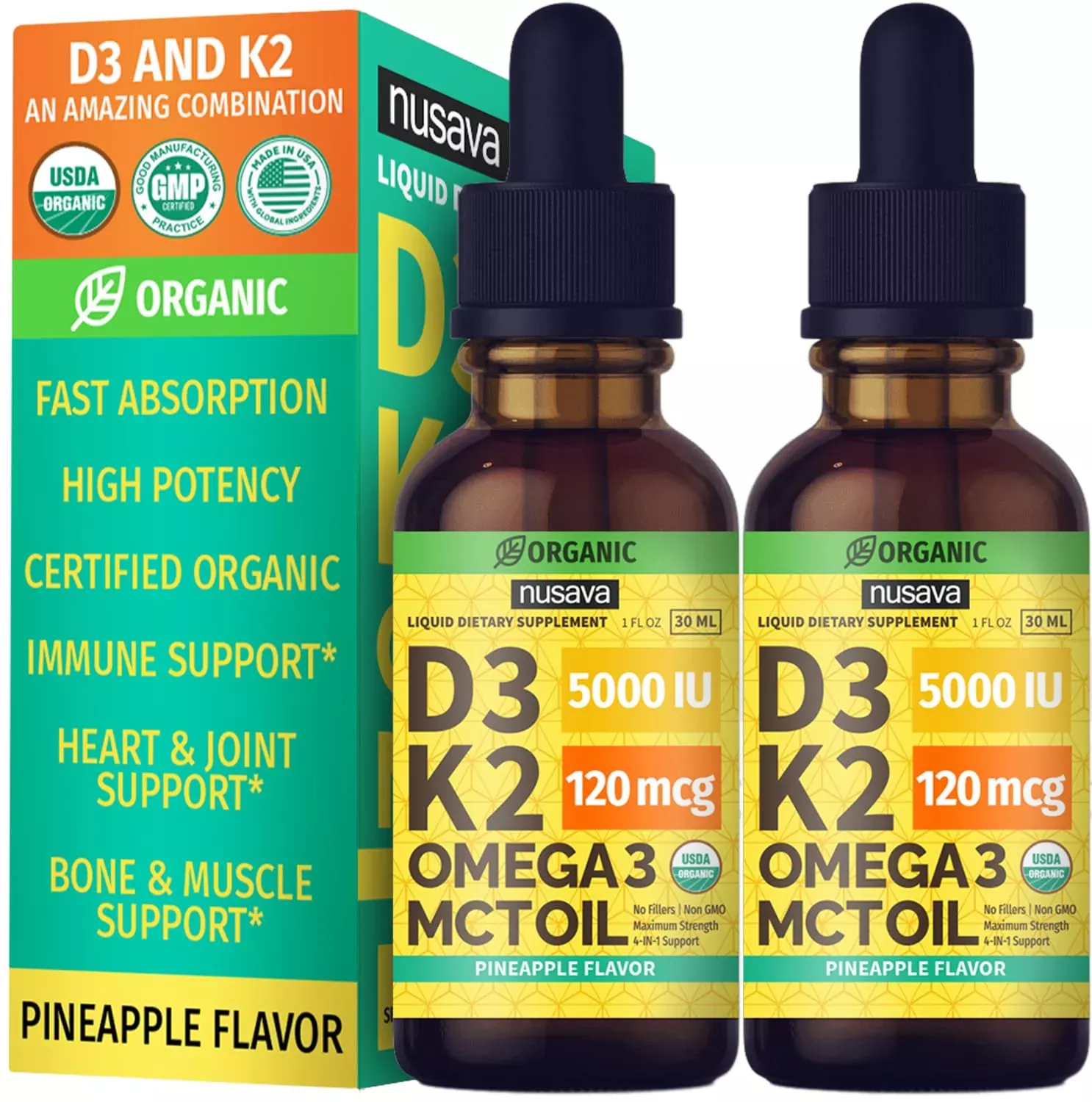 (2 Pack) Organic Vitamin D3 K2 Drops with MCT Oil Omega 3, Maximum Strength Vitamin D Liquid 5000 IU, No Fillers, Non-GMO Liquid D3 for Faster Absorption and Immune Support (Pineapple, 2 Fl Oz)