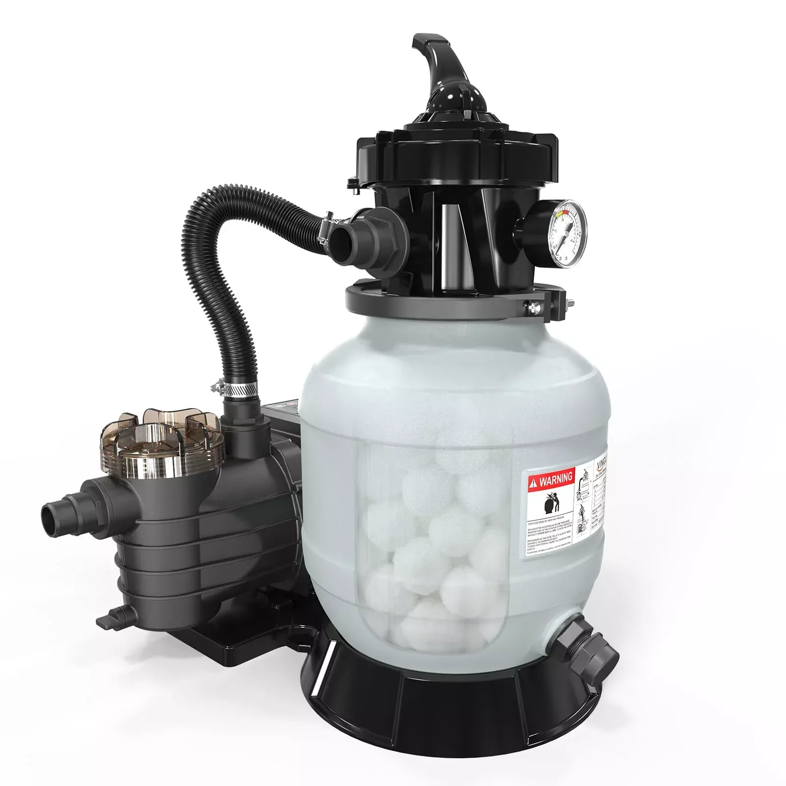 (24H Timer) VINGLI 10 in Sand Filter Pump with Filter Balls, 1189 GPH 1 /3 HP High Flow Pool Pump with 7-Way Valve for Above Ground Swimming Pools Up to 6600 Gallons