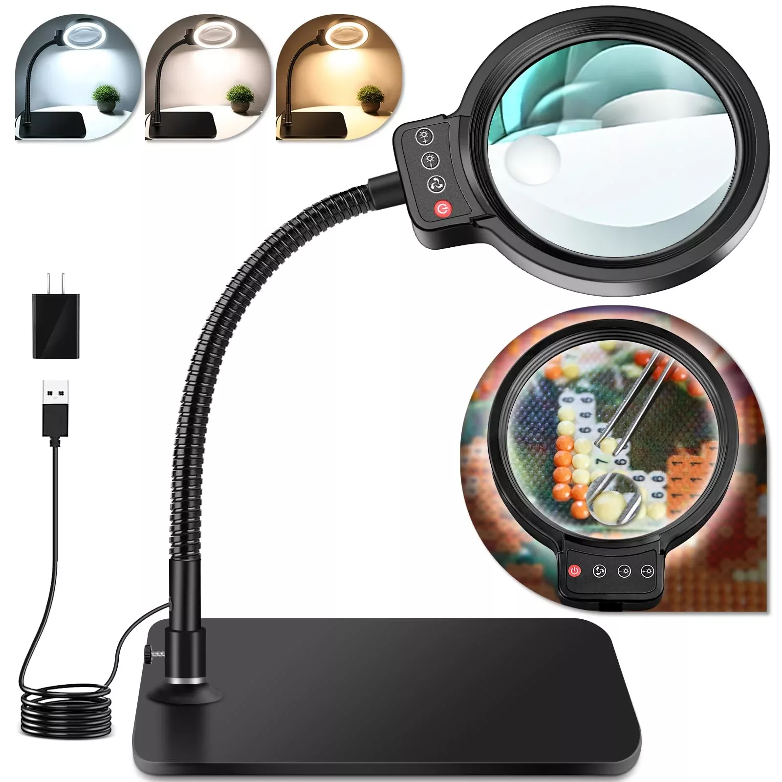 30X 10X Magnifying Glass with Light and Stand, 72 LED 3 Color Modes Stepless Dimmable, Hands Free Lighted Magnifier Desk Lamp for Close Work Craft Hobby Painting Sewing Jewelry Reading, Square