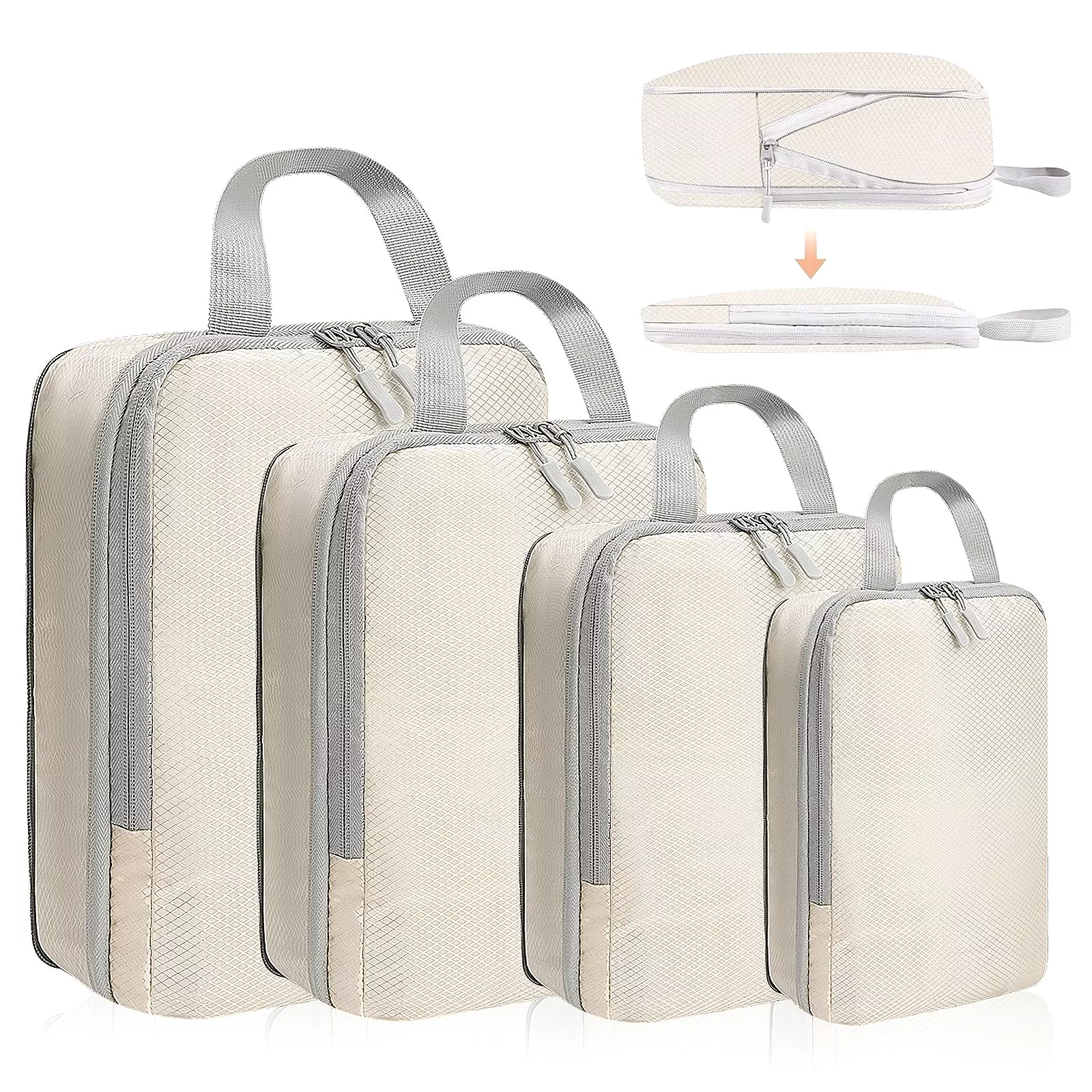 4 Set Compression Packing Cubes for Suitcase - Space-Saving Luggage Organizer Bags, Lightweight Travel Essentials for Efficient Packing (Beige)