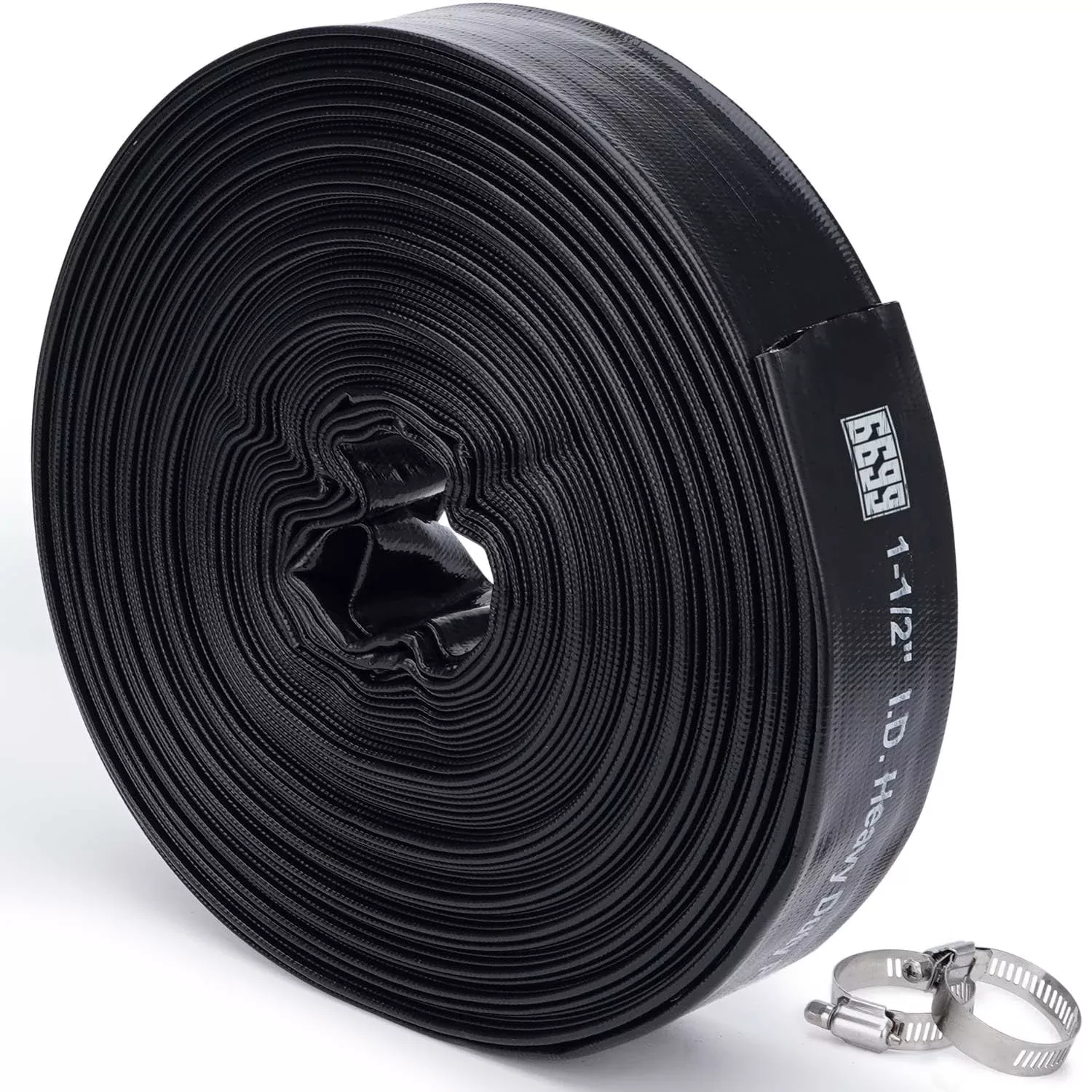 6699 Discharge Hose 1-1 /2-Inch by 100-Foot Sump Pump With 2pcs SUS 304 Clamps for Pool Backwash, Draining /Removing Water - Lay Flat 1500