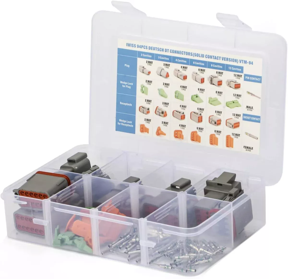 94Pcs Deutsch Connector Kit in 2, 3, 4, 6, 8, 12 Pin Configurations, Wire Connectors with Size 16 Solid Contacts