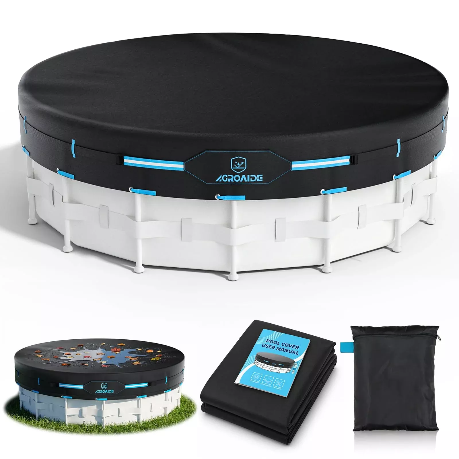 AGROAIDE 8ft Round Pool Cover, Stock Tank Pool Cover with Metal Buckle Straps, 420D Oxford Fabric for All Season Use - Tear Resistant, UV & Dust Proof