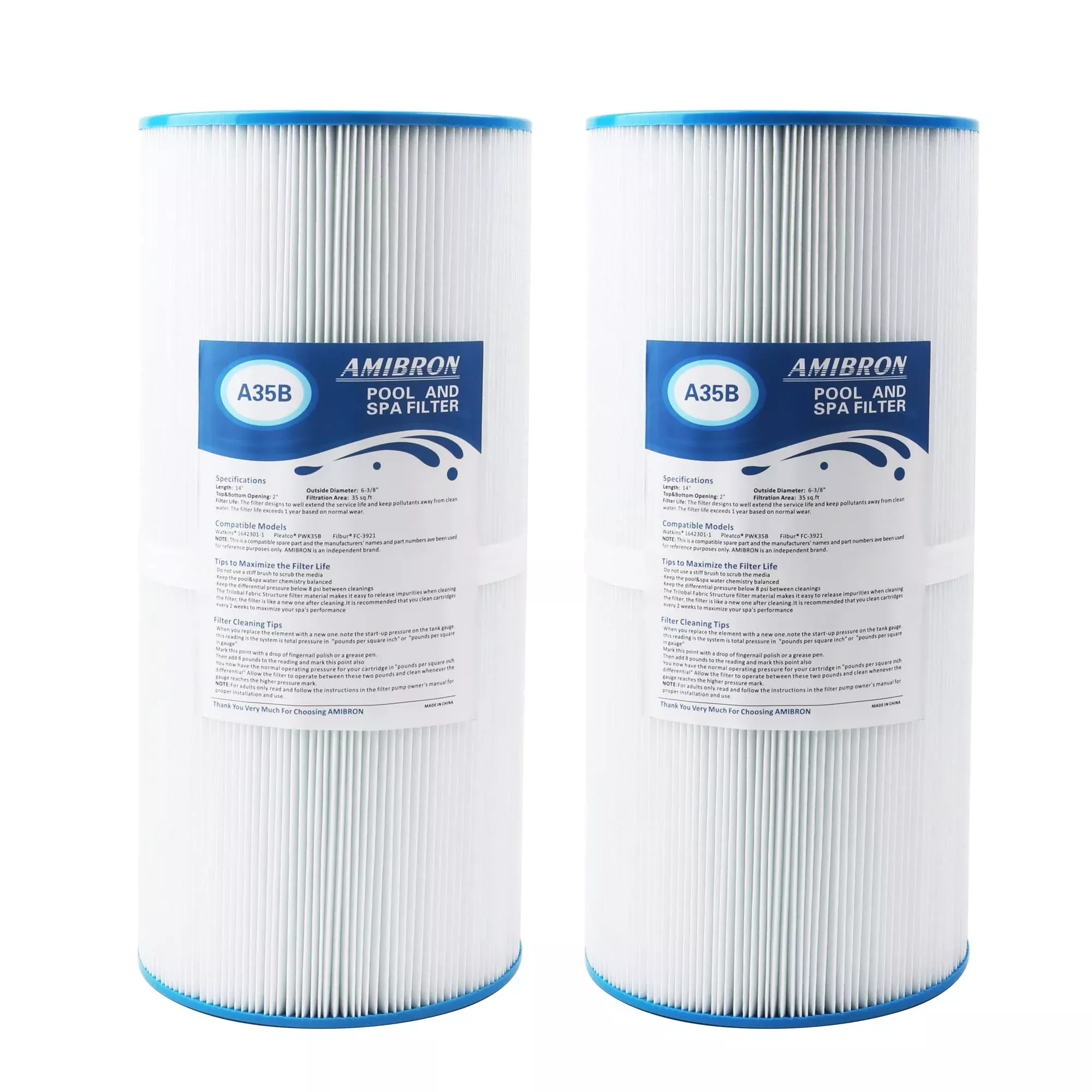 AmiBron PWK35B Replaces Hot Springs Limelight Series Spa Filters, Compatible with Watkins 1642301-1, 78161, 78286, Filbur FC-3921, Pleated Fabric Filter Media 2 Pack