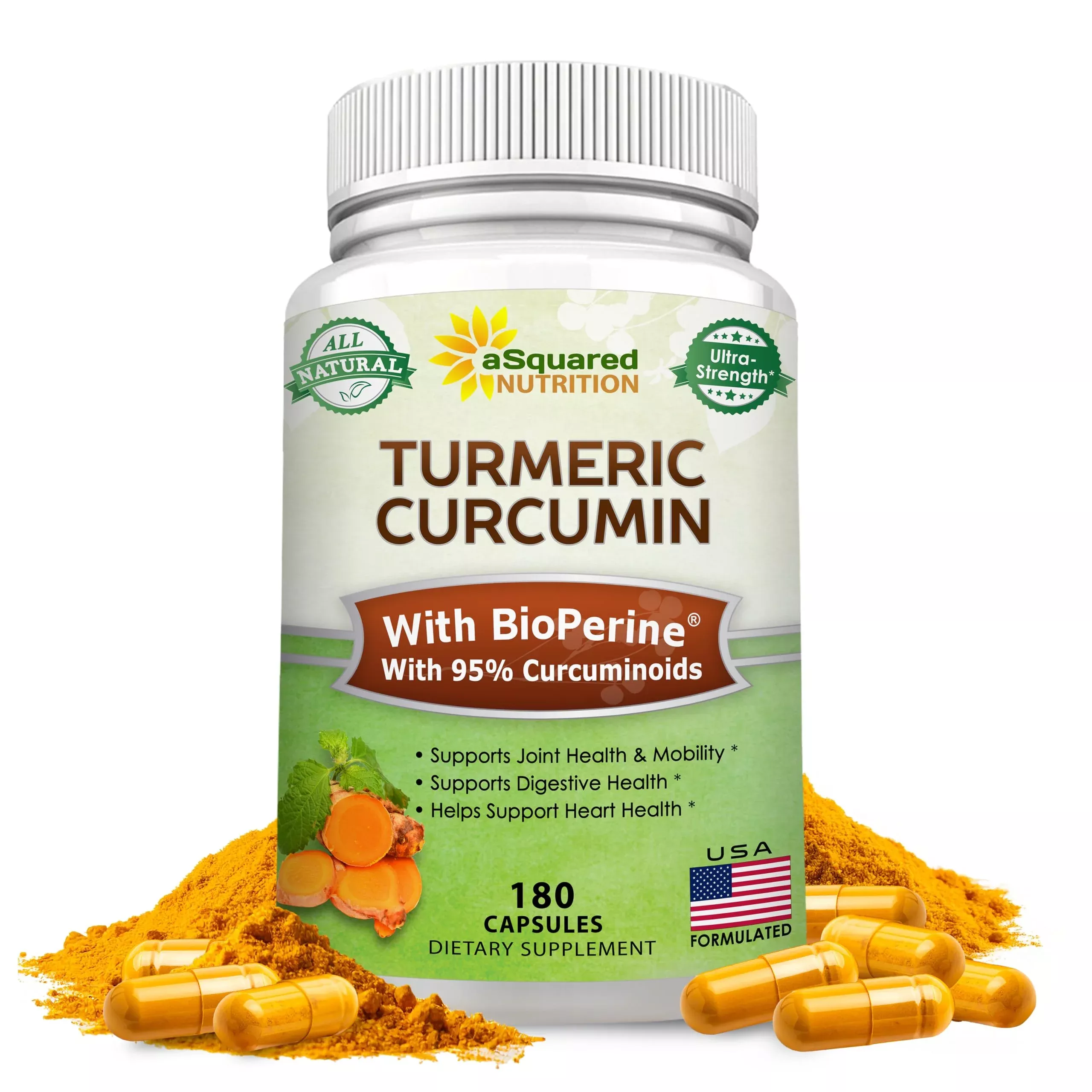 aSquared Nutrition Turmeric Curcumin 1300mg with BioPerine Black Pepper Extract Supplement - 60 Capsules - with 95% Curcuminoids - Natural Tumeric Root Powder Joint Pills