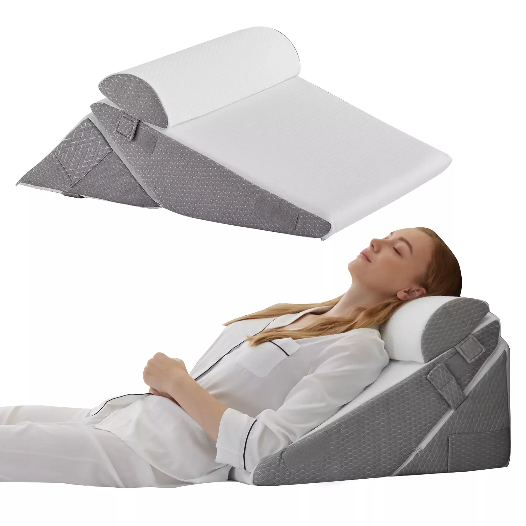 Bedluxe Wedge Pillow Headboard, 3PCS Orthopedic Bed Wedge Pillows Set for After Surgery, Adjustable Pillow Wedge for Acid Reflux&Back Pain Relief, Sleeping, Back Pillow for Bed Sitting Up, White /Grey