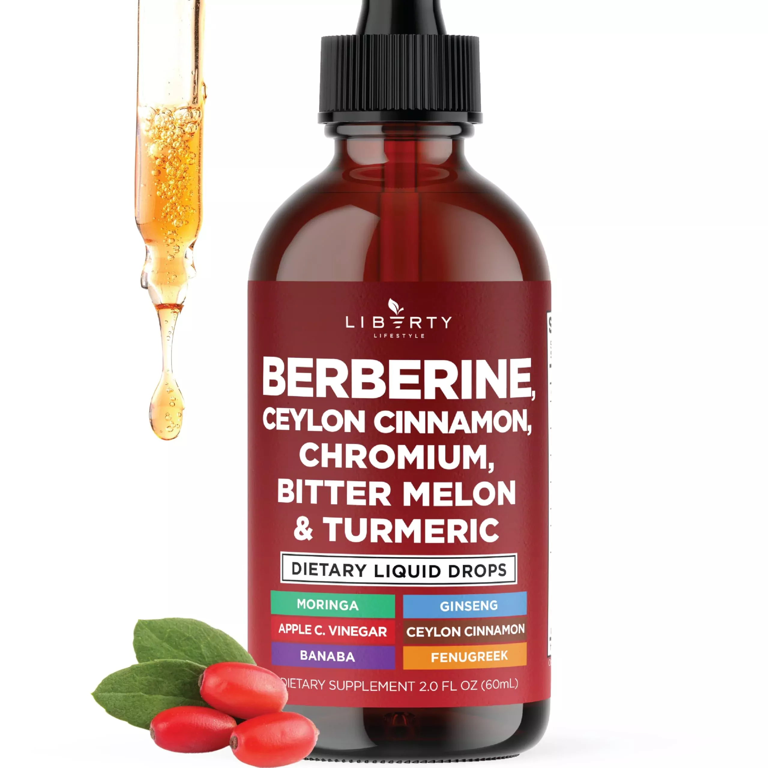 Berberine with Ceylon Cinnamon Supplement Liquid Drops + Bitter Melon Extract, Glucomannan, Gymnema, Chromium, Turmeric, Panax Ginseng, Moringa- 6 OZ
