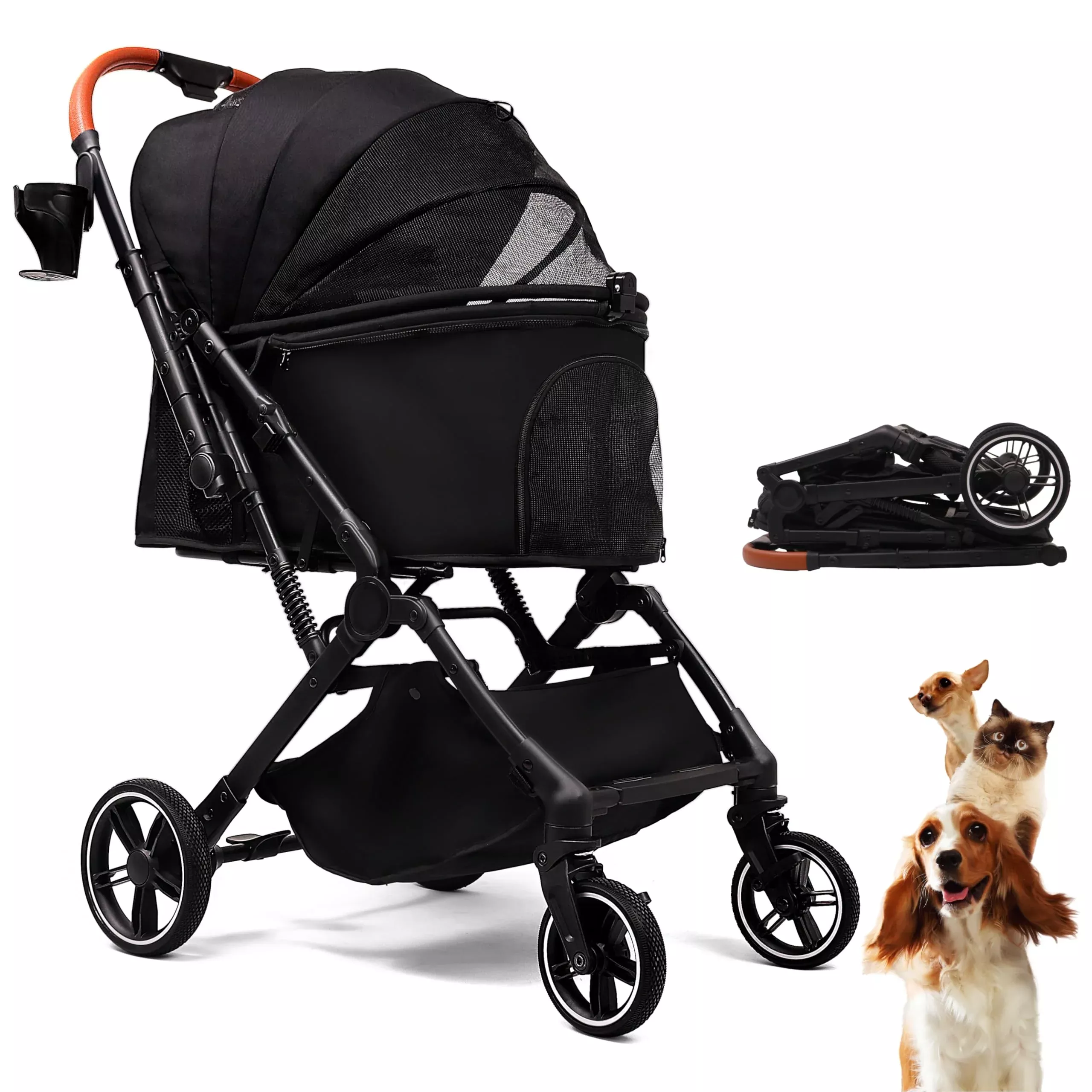Bicystar Pet Stroller for Small Medium Dogs Cats Up to 45 lbs, Travel Lite Collapsible, All Terrain 4 Wheels for Jogging, Running, Grey