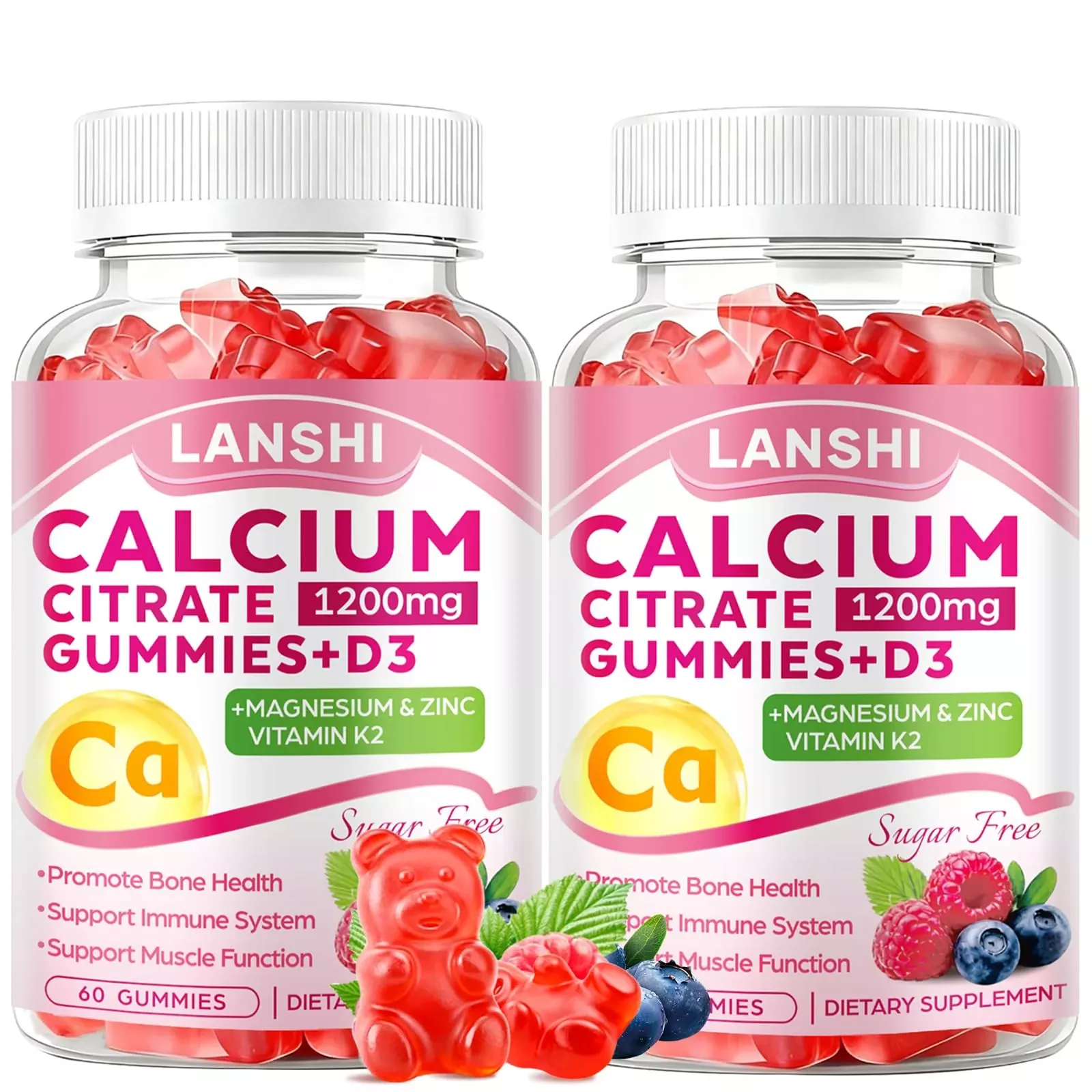 Calcium Citrate Gummies 1200mg with Vitamin D3 & K2 Supplements for Women & Men, High Absorption Calcium Gummies Plus Magnesium, Zinc for Strong Bones & Immune Support Mixed Berry Flavor, 2 Pack