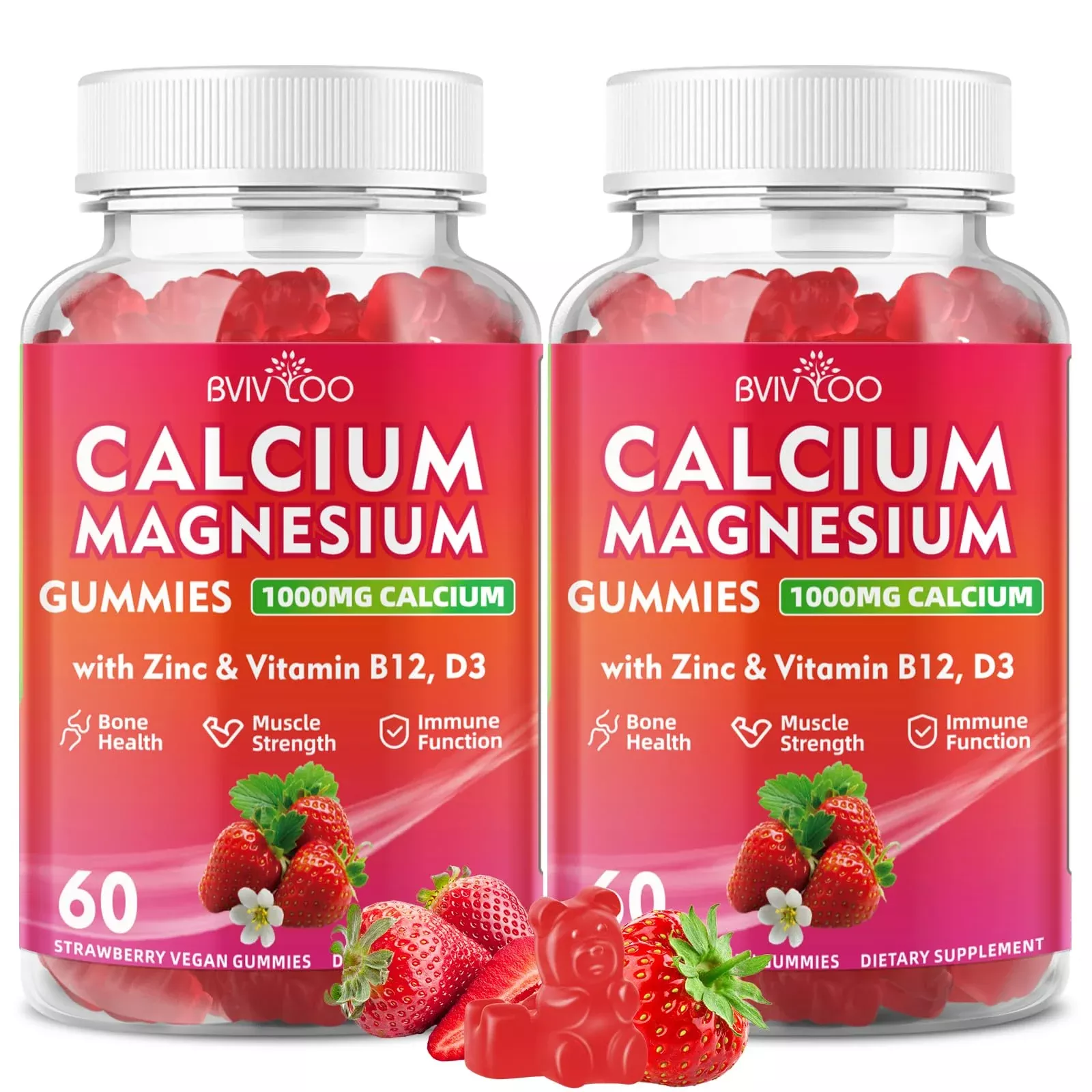 Calcium Gummies 1000mg with Vitamin D3 K2 & B Complex, Potassium, Calcium Magnesium Zinc Gummies for Bone, Muscle, Mood and Immunity - Vegan, Non-GMO, Strawberry Flavor 60 Count
