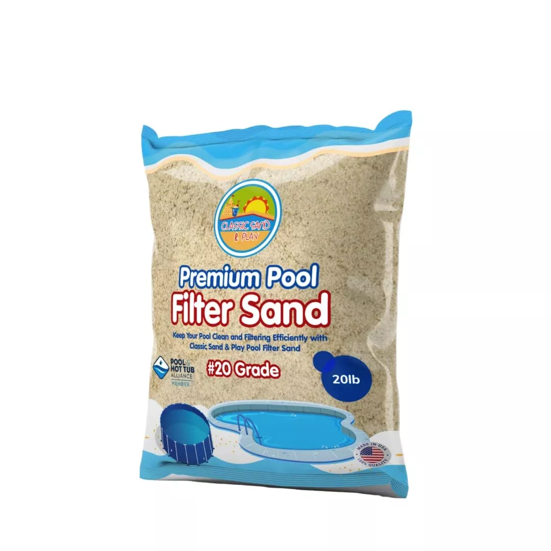 CLASSIC SAND & PLAY Swimming Pool Filter Sand for Above & Inground Pools, 20 lbs, Supports Residential and Commercial Filtration Systems, Premium Efficient Silica, No Clogging or Clumping, #20 Grade