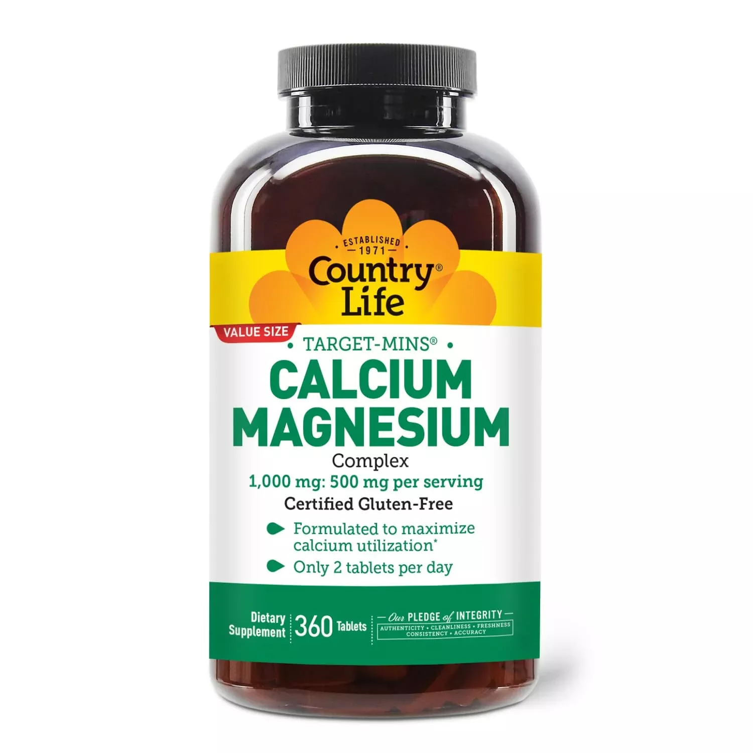 Country Life Target-Mins Calcium Magnesium Supplement for Bone Health, 1000mg Calcium, 500mg Magnesium, Gluten Free, 2:1 Ratio for Optimal Utilization