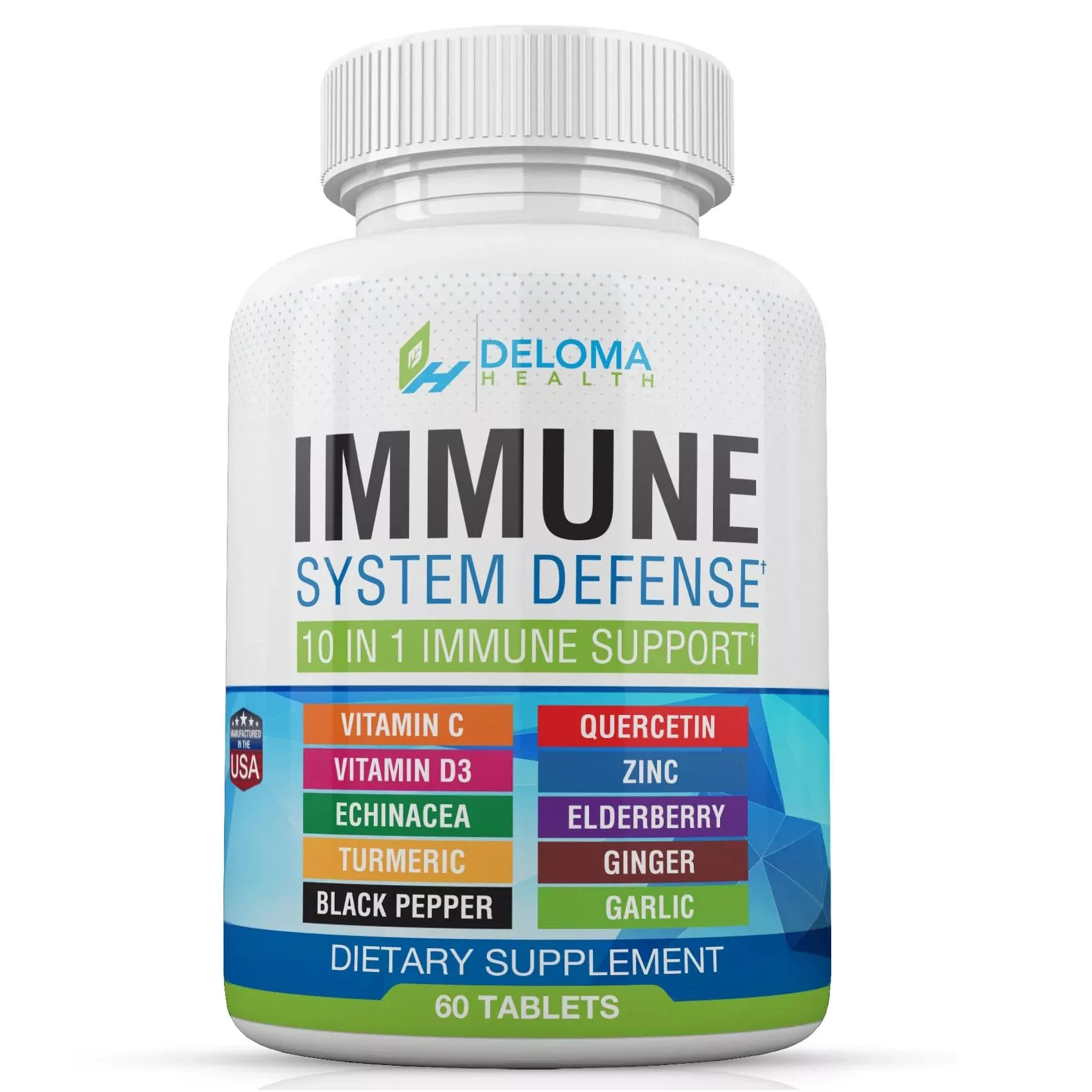 Deloma Health 10 in 1 Immune System Support Supplement - Vitamin C (1000 mg), Quercetin, Vitamin D3 (5000iu), Zinc (40 mg), Elderberry, Echinacea, Turmeric, Ginger, Garlic, Black Pepper