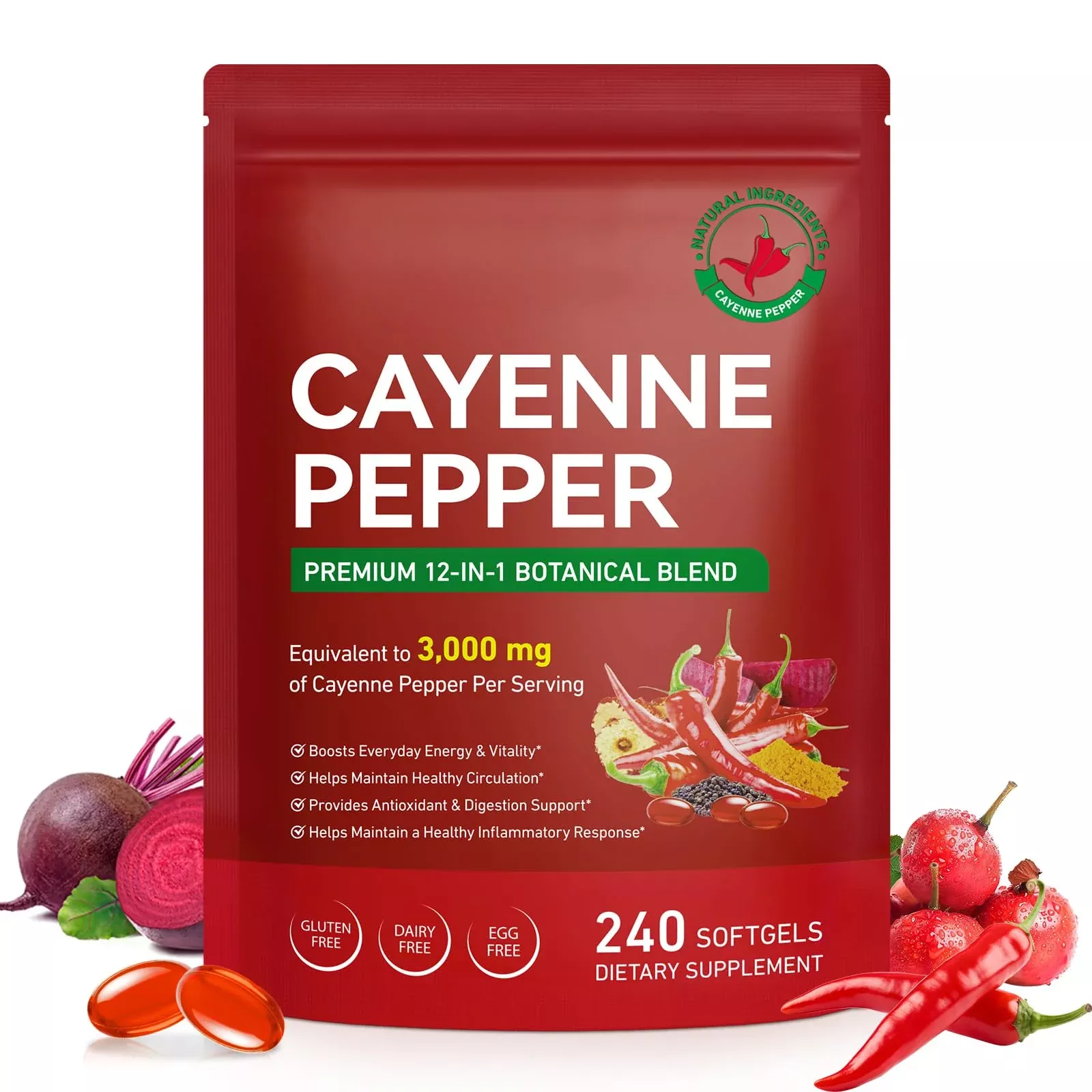 DLOMFVFQ Cayenne Pepper Softgels Supplement, Rich in Vitamin E D3+K2 and Extracts of Grape Seed, Hawthorn, Beetroot and Others, Supports Leg Vein, Heart and Blood Vessel Health- 240 Softgels /1 Pack