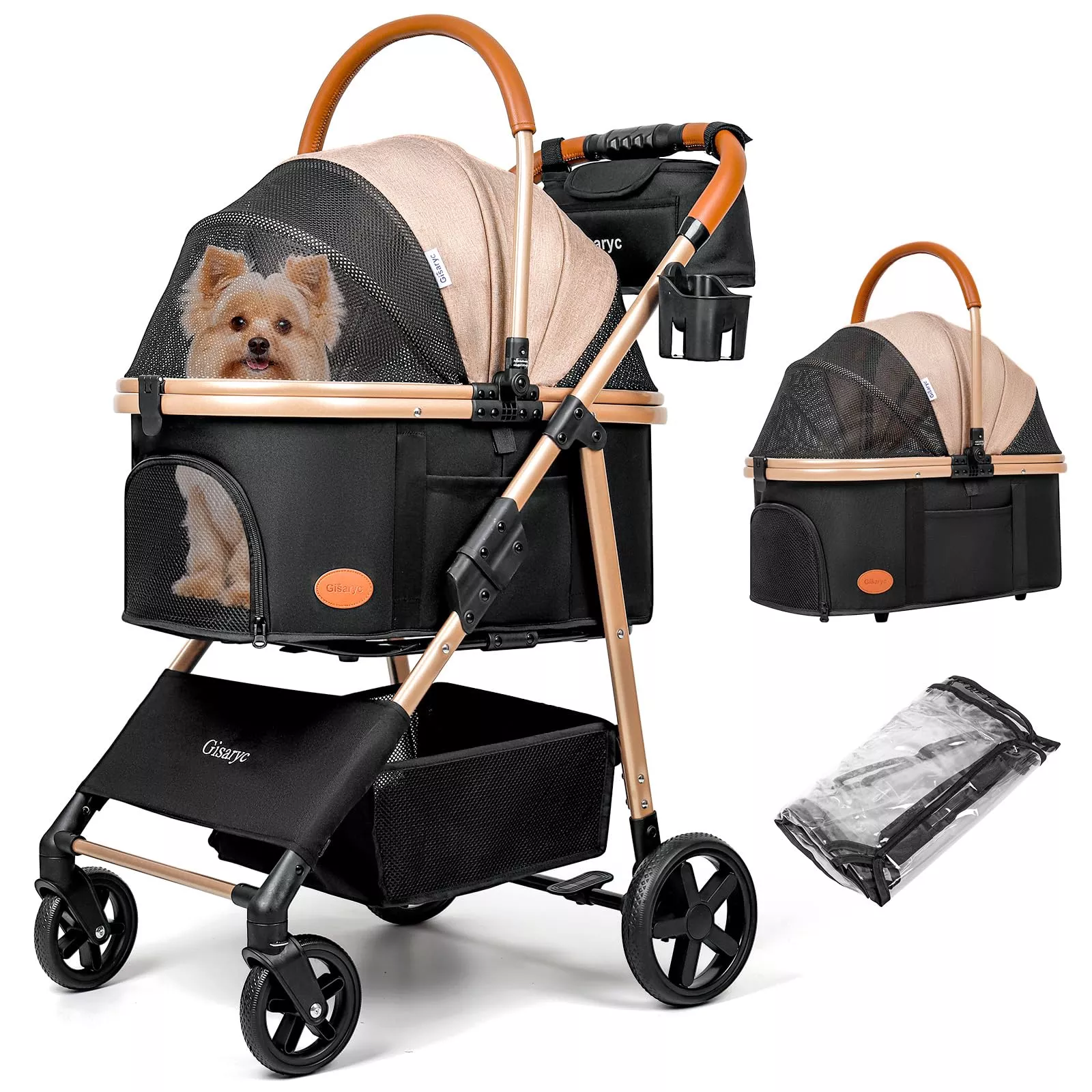 Dog Cat Stroller for Small /Medium Pets up to 50 lbs, 3-in-1 Foldable Pet Stroller with Detachable Carrier, Car Seat, Storage Basket, Cup Holder, Hanging Bag, Rain Cover, All-Terrain 4 Wheels (Grey)