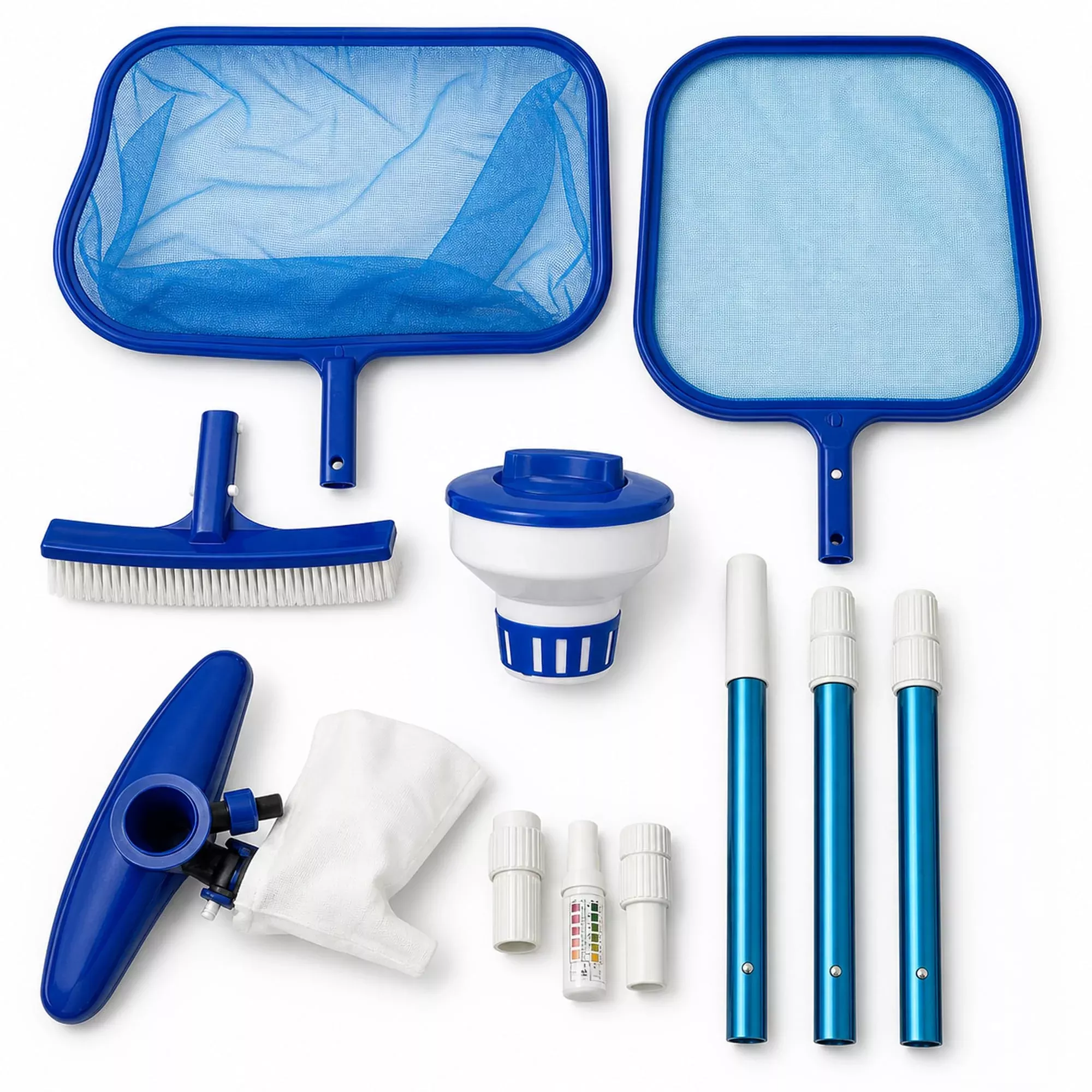 FibroPool Above Ground Pool Maintenance Kit – Telescoping Pole, Leaf Skimmer Net, Vacuum Head, Pool Brush, Floating Chlorinator & Test Strips – Easy Clean Kit for Inflatable & Soft-Sided Pools