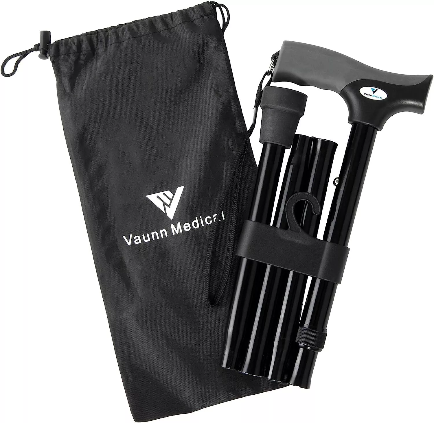 FSA /HSA Eligible, Vaunn Medical Easy Grip Height Adjustable Folding Cane /Walking Stick with Strap /Pouch- Compact, Portable, and Safe Walking Assistant- Non-Slip Grip Handle- Men, Women, Elderly
