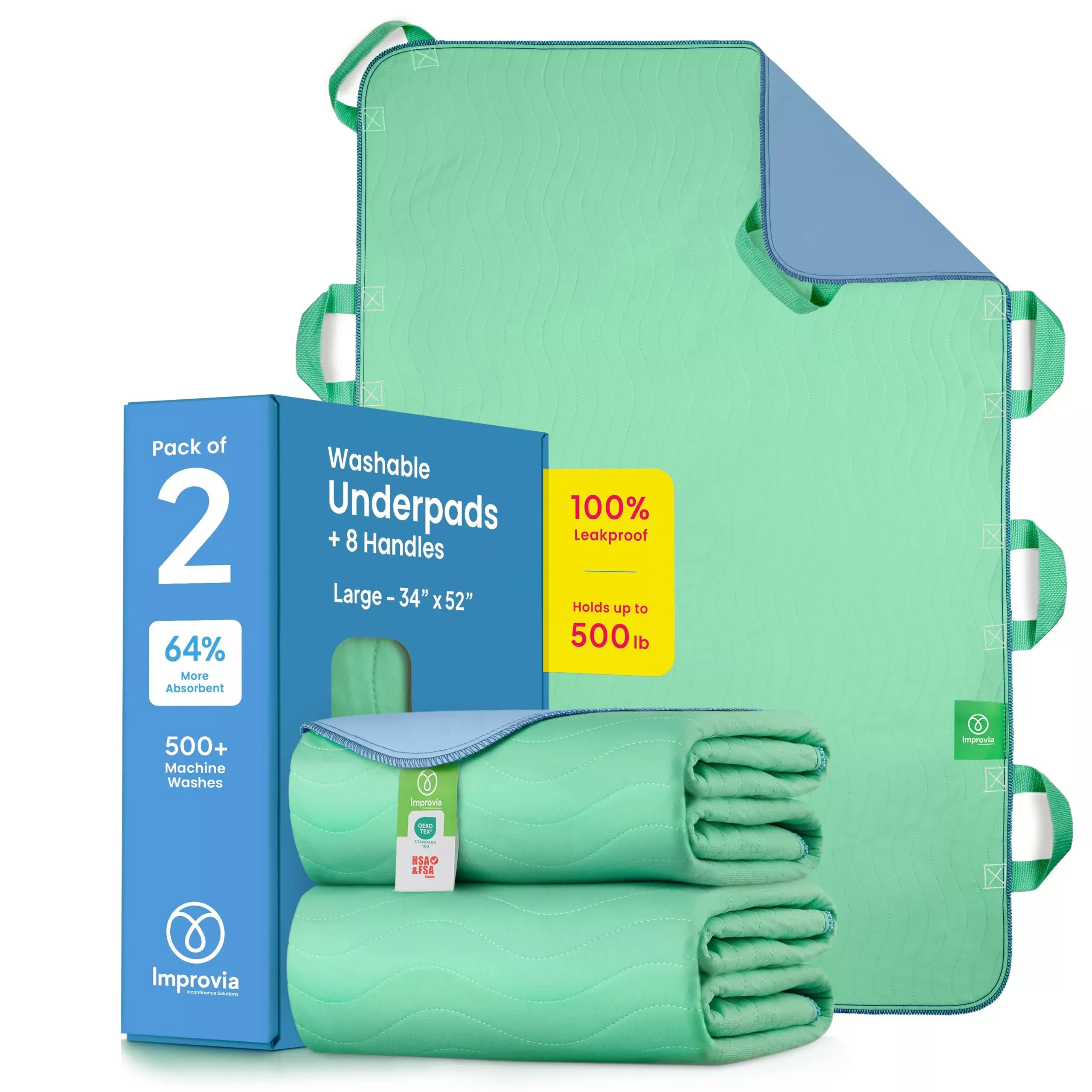 Improvia Positioning Bed Pad, with 8 Reinforced Handles, Quick-Drying, Washable, Waterproof, for Lifting, Turning, Transfering, Elderly and Incontinence Patients (Green, 34