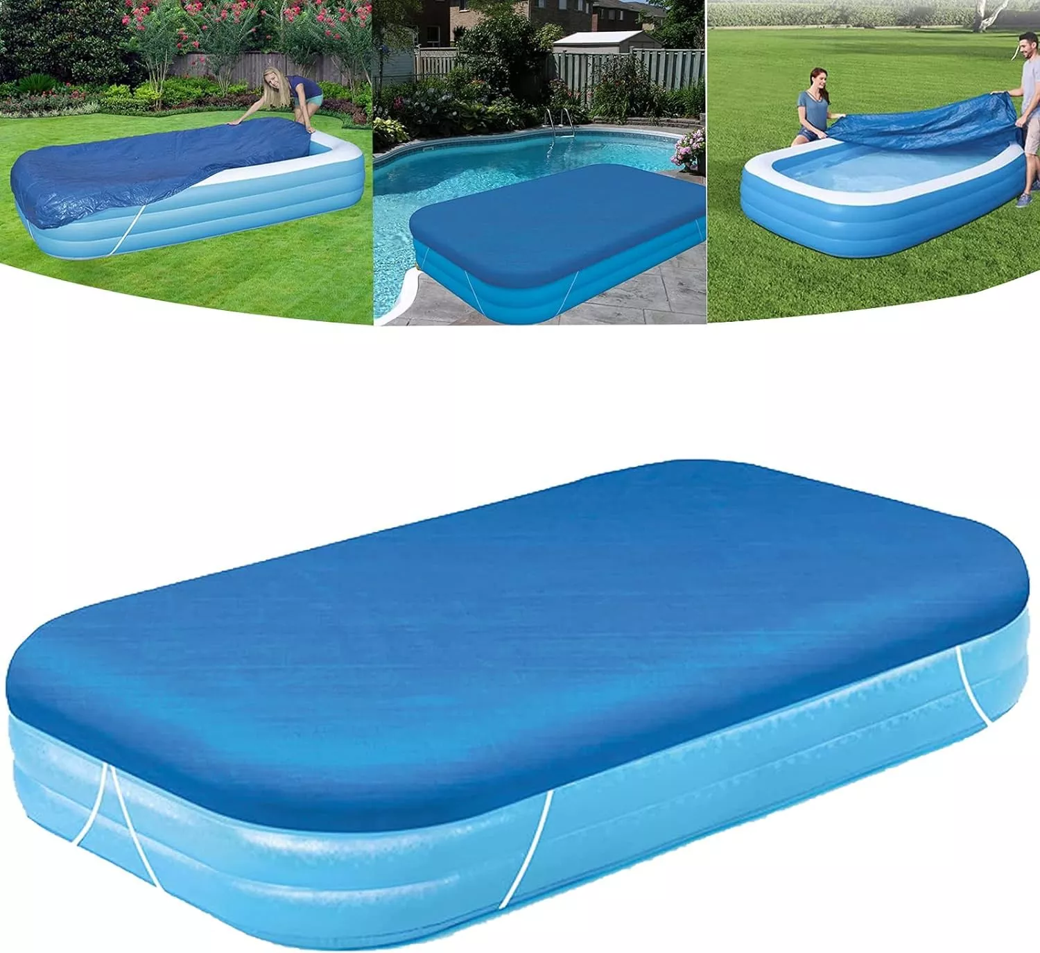 Inflatable Pool Cover for 120in x 72in Rectangle Swimming Pool, Rectangular Pool Covers, Built-in Elastic Dustproof Rainproof Foldable Above Ground Pool Cover (Blue, 120in x 72in)