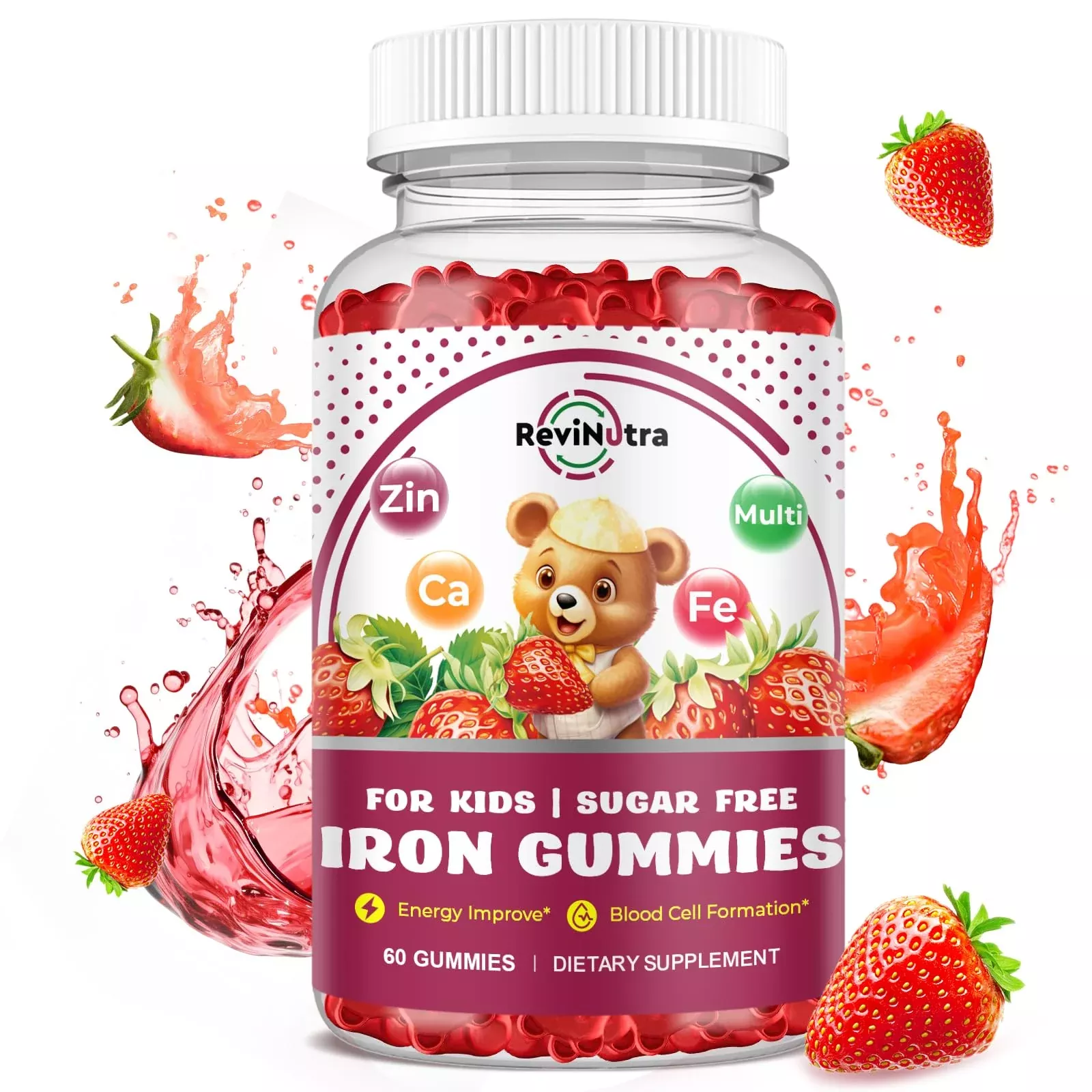 Iron Supplement Gummies for Kids - with Calcium, Zinc, Kids Multivitamin with Iron Gummies - Immune Support, Blood Builder & Energy Support for Iron Deficiency - 2 Pack Strawberry Flavour, 60 Gummies