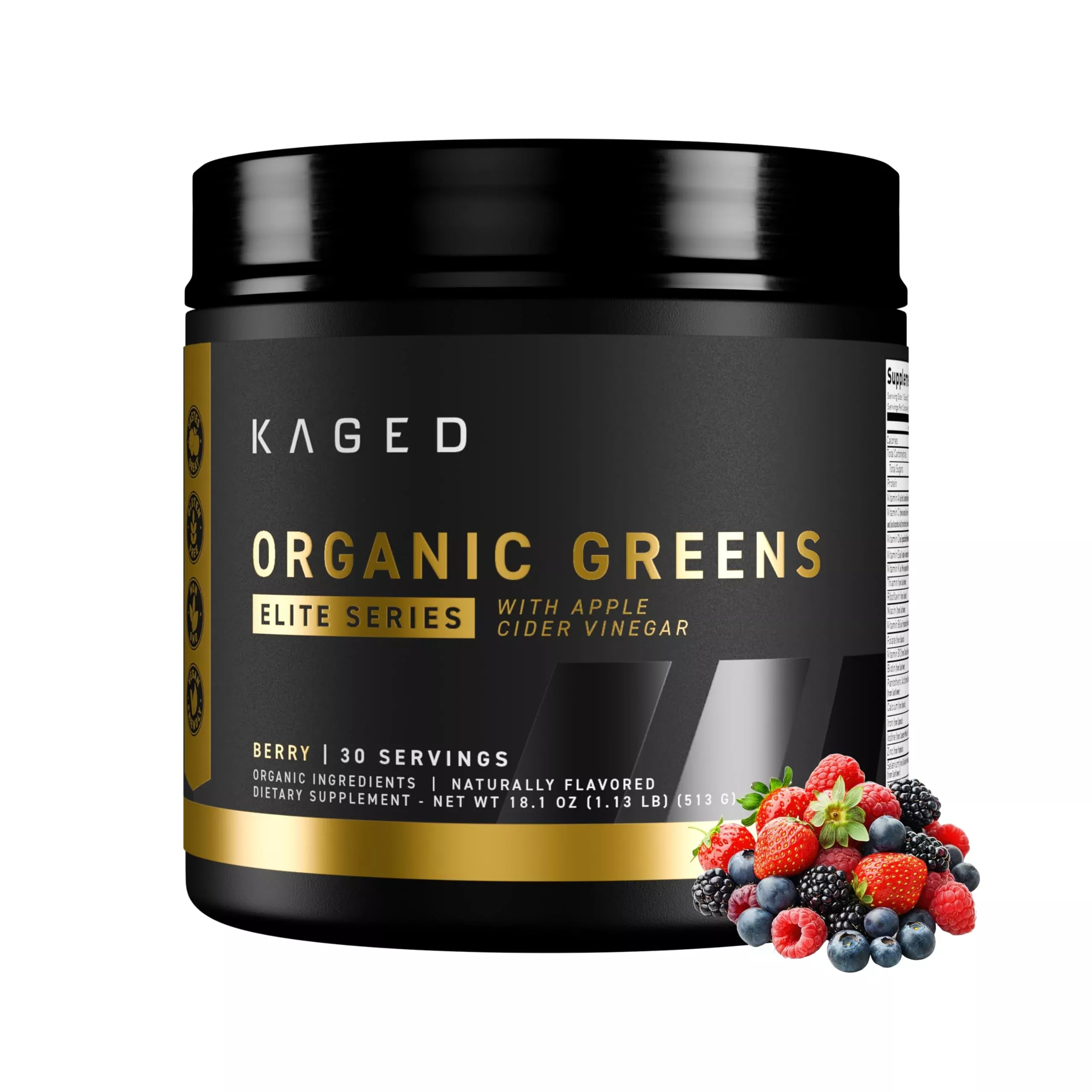 Kaged Organic Greens Elite, Superfood and Greens Powder with Apple Cider Vinegar, Adaptogen, Prebiotics, Vitamins & Minerals, Berry, 30 Servings