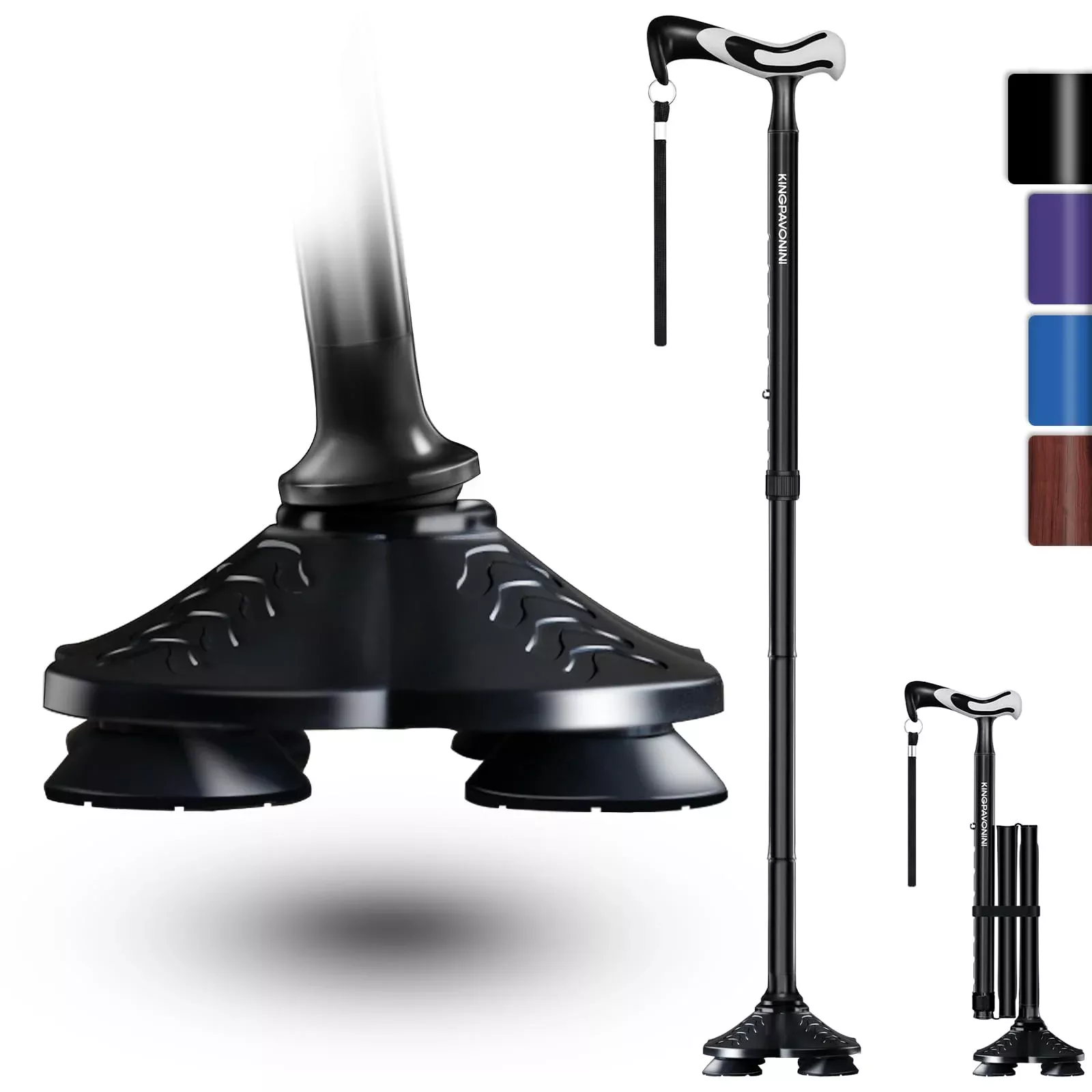 KingPavonini Walking Cane for Men Women Stability, Free Standing Foldable Cane, Ergonomic Handle Pivoting Quad Base, Heavy Duty 350 LBs, Adjustable Walking Canes for Seniors Balance with Travel Bag