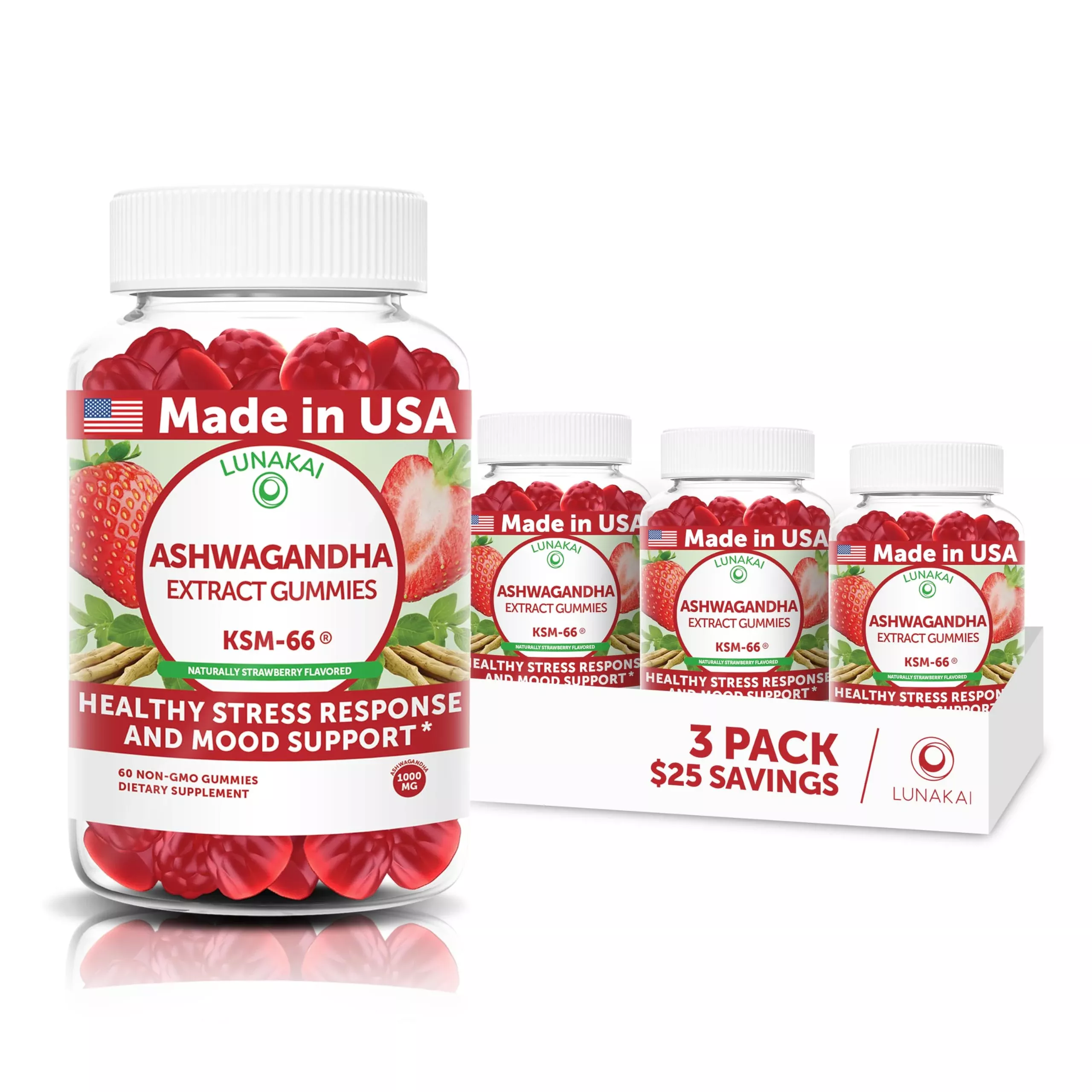 Lunakai USA Made KSM-66 Ashwagandha Gummies for Women & Men – Daily Vegan Supplement for Stress, Mood & Sleep Support, 60ct