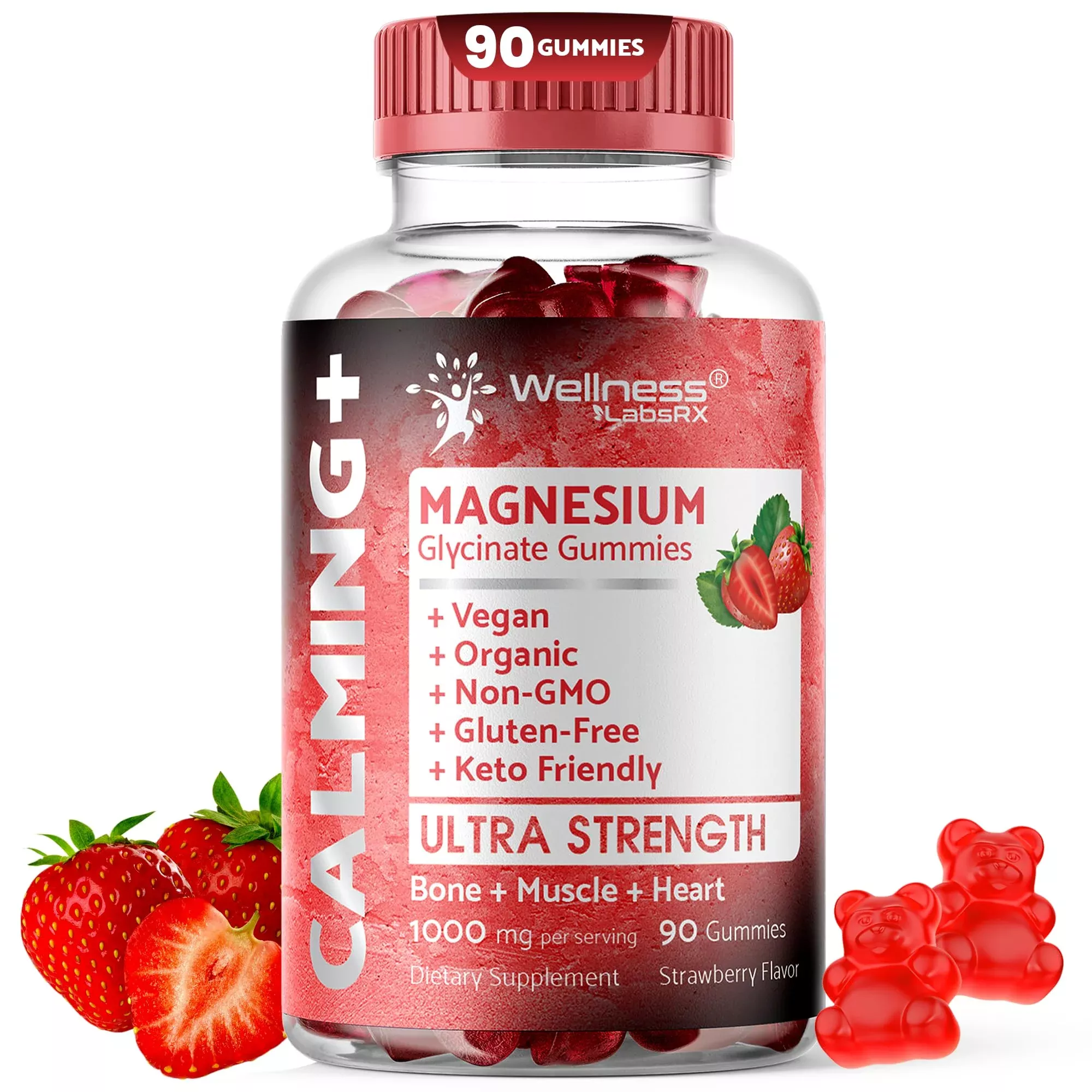 Magnesium Glycinate Gummies, 1000 mg - Magnesium Supplement to Support Relaxation, Heart Health - Chewable Calm Magnesio Gummies for Adults, Glicinato De Magnesio - Strawberry Flavor - Pack of 2