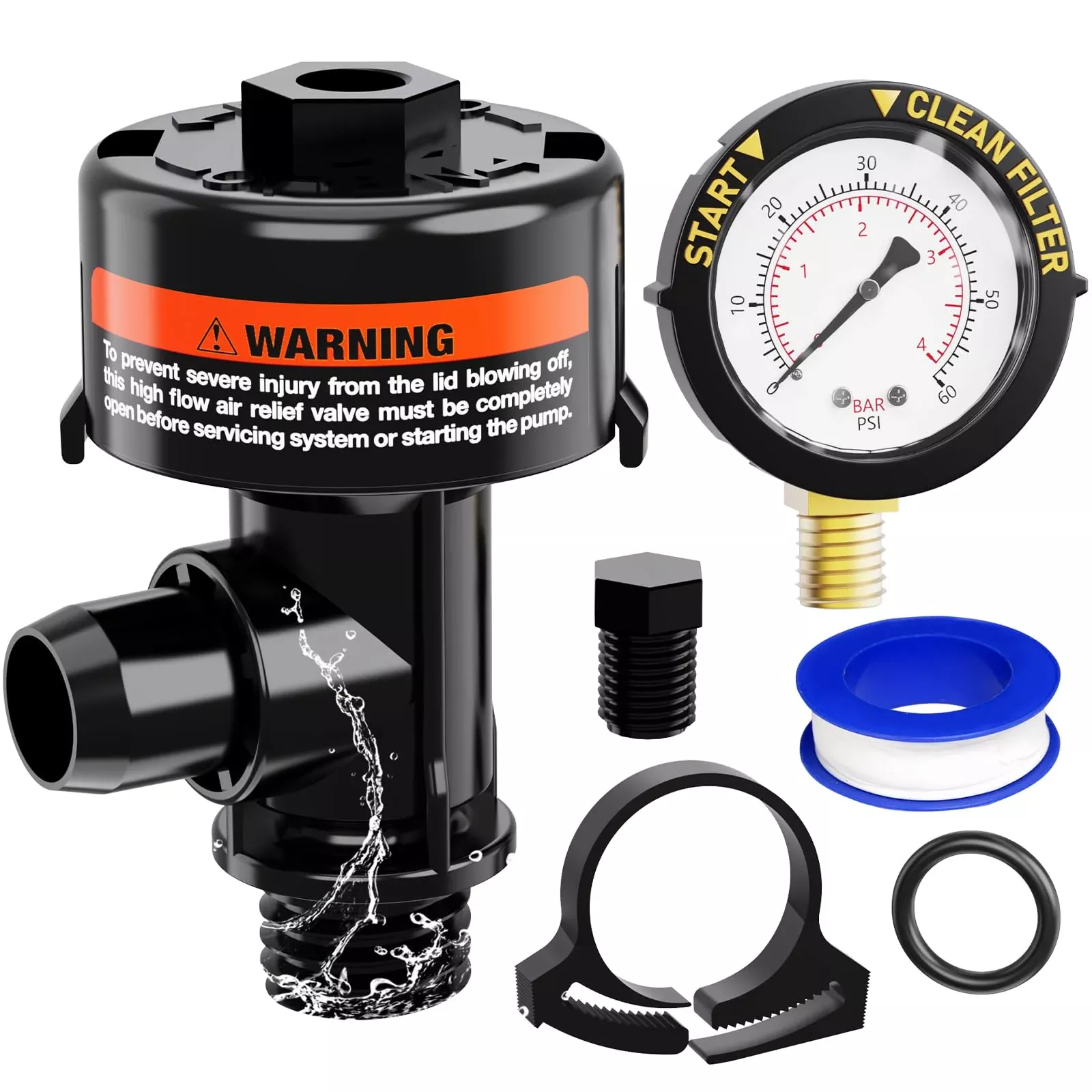 Manual Air Relief Valve for Pool and Spa Filters, Pool Filter Air Relief Valve with Pressure Gauge Replacement, Air Relief Valve for Pool Filter, Includes Gauge Plug, Pressure Gauge, O-Rings, Clips.