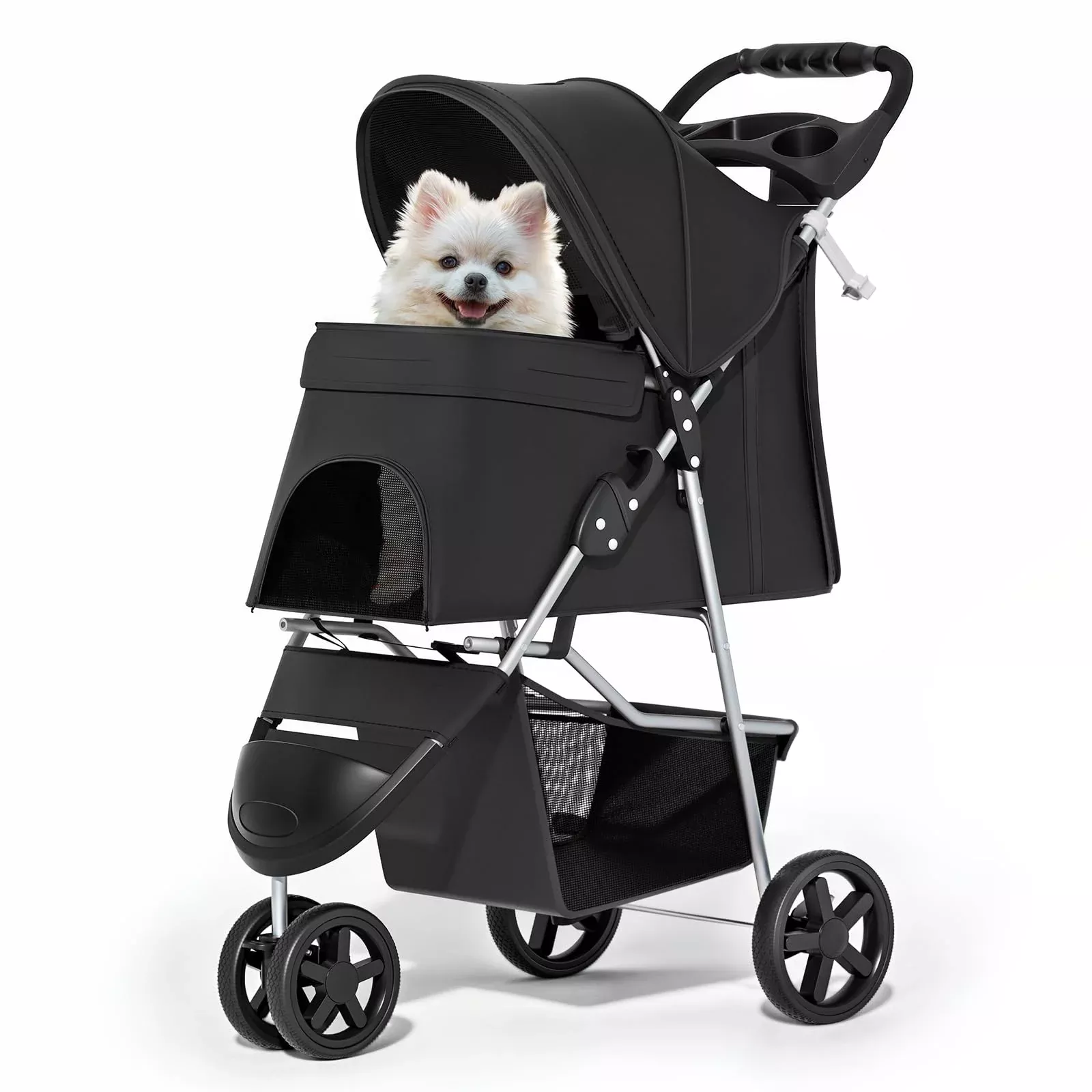 MoNiBloom Foldable Pet Stroller with Weather Cover, 3 Wheels Pet Strolling Cart for Small /Medium Dogs and Cats with Storage Basket and Cup Holder, Breathable and Visible Mesh for All-Season, Black