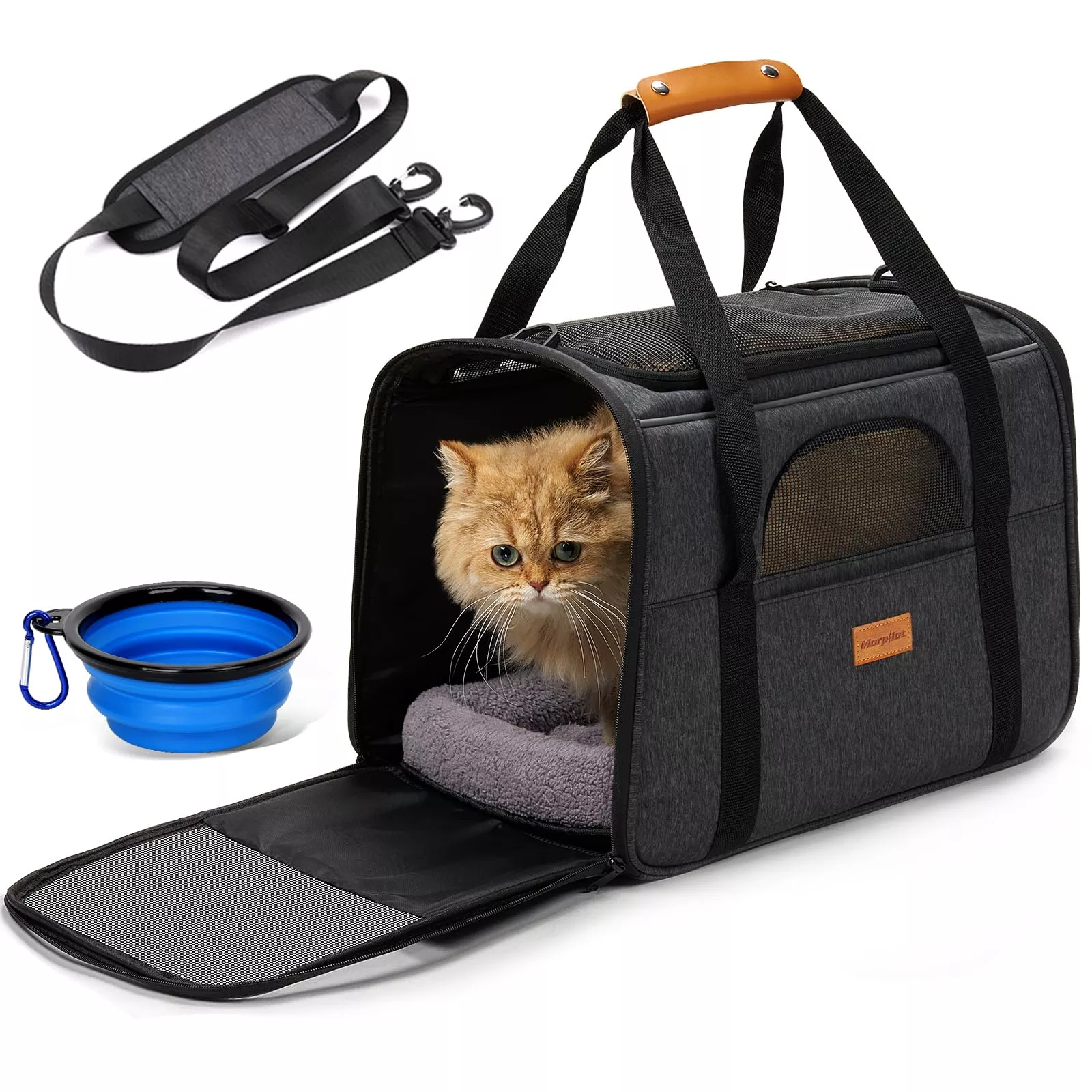Morpilot Pet Carrier for Large Cats, Small Dogs & Puppies Up to 25lbs, Escape-Proof with Locking Zippers, Dual-Sided Cushion, Safety Buckle for Car & Vet Travel, Includes Foldable Bowl (Dark Gray)