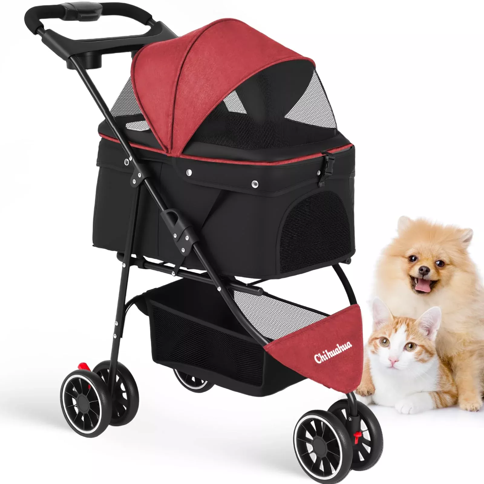 Pet Stroller,Dog Stroller for Small Medium Dogs Cats,3 Wheels,Foldable,with Breathable Mesh Canopy,Cup Holders,Easy Assembly,Grey