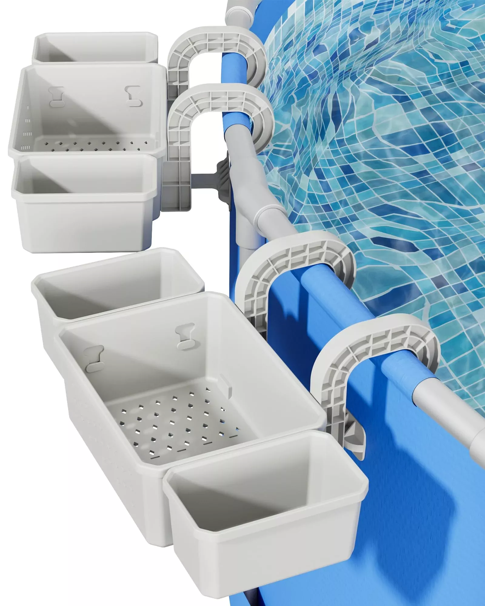 POOLHOUR [Patented] Poolside Storage Basket with 2 Cup Holders, Stretchable Above Ground Pool Accessories Organizer, Multifunctional Poolside Holder for Most Frame Pool Accessories (1Pack)