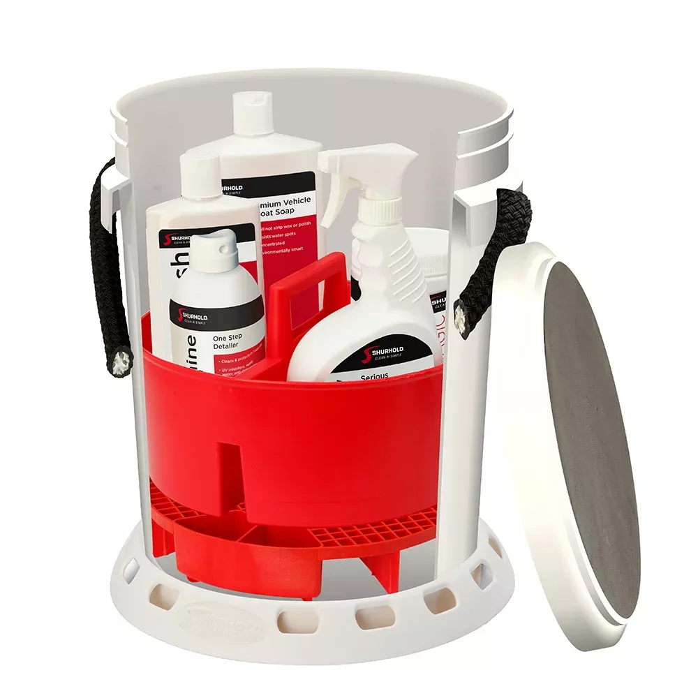 Shurhold 5 Gallon White Bucket Kit - Includes Bucket, Caddy, Grate Seat, Buff Magic, Pro Polish Brite Wash, SMCSerious Shine