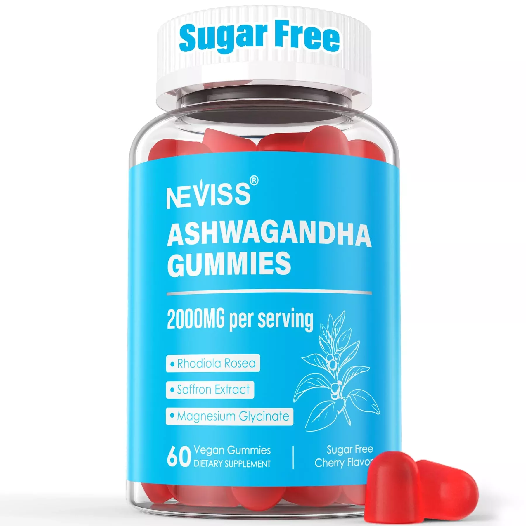 Sugar Free Ashwagandha Gummies - with Magnesium Glycinate, Rhodiola Rosea, Zinc, Lemon Balm, B6 - Relaxation Support, Natural Zzz, Stamina, Energy for Men Women - 60 Counts