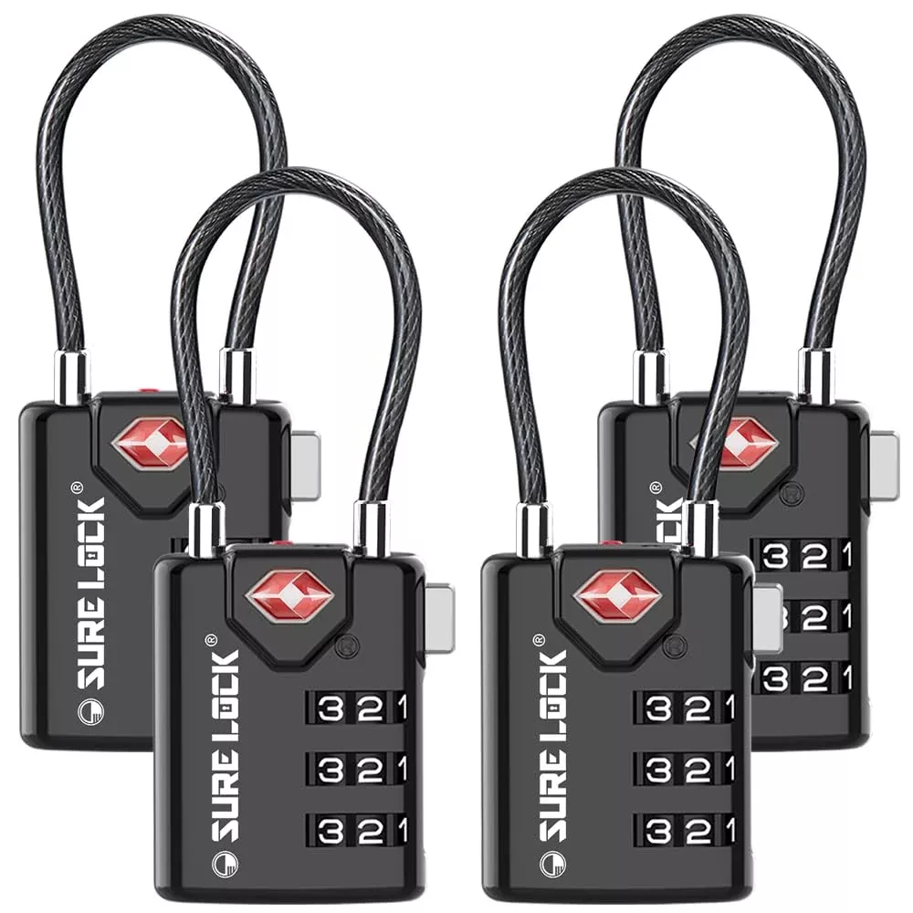 SURE LOCK TSA Approved Combination Luggage Locks with Open Alert Indicator – Durable Zinc Alloy Cable Travel Locks with Large Easy-Read Dials for Suitcases, Backpacks & Gym Bags Black 4 Pack