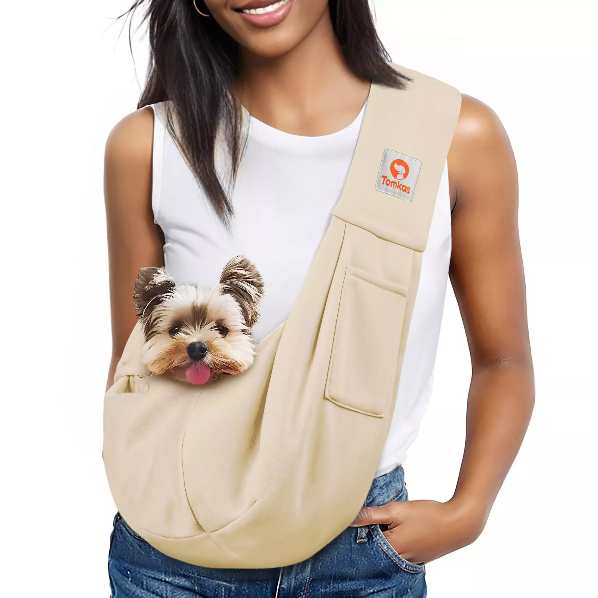 Tomkas Small Dog Sling Carrier - Classic Pocket & Classic Strap - for 3-10 lbs Pets(Cream)