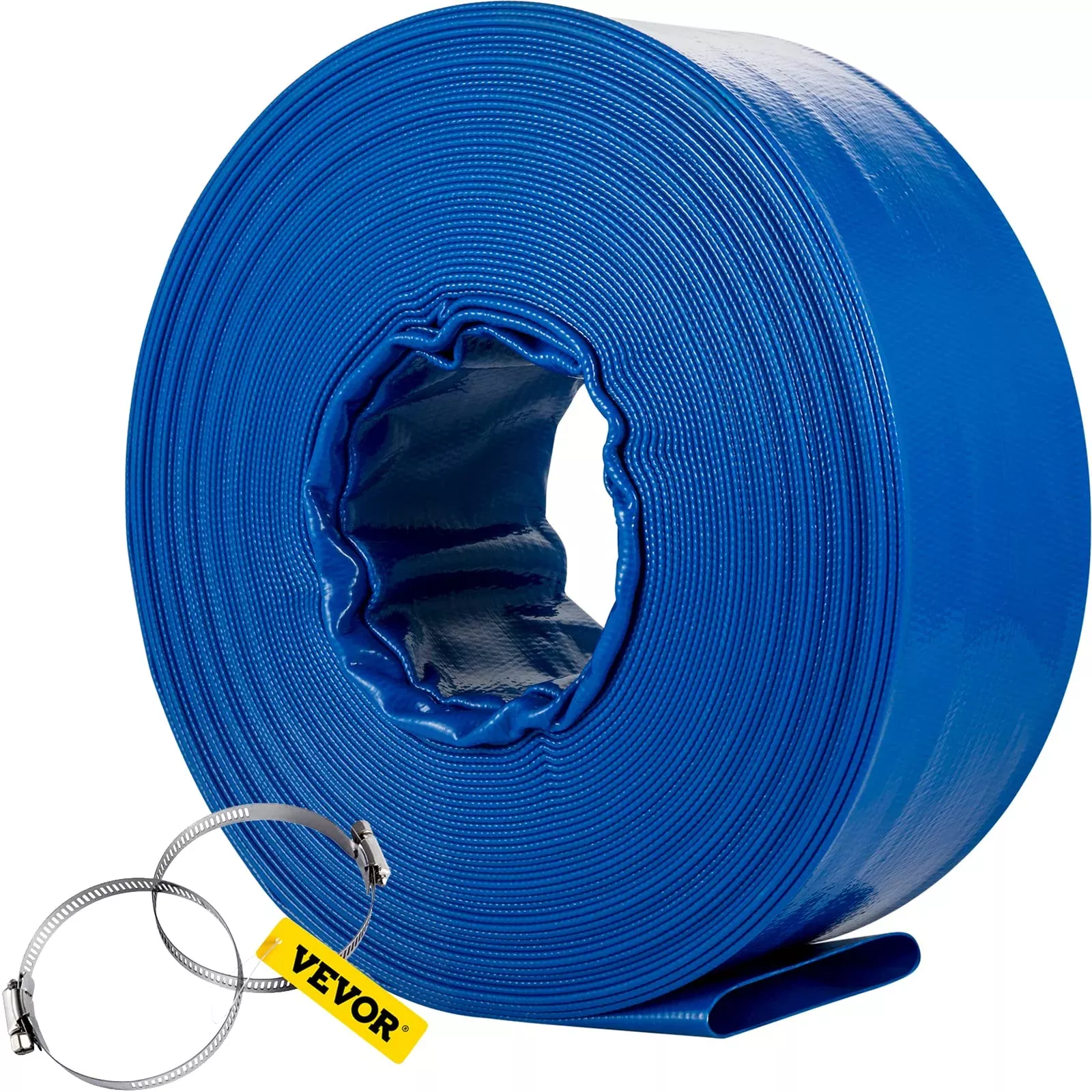 VEVOR Discharge Hose, 4' x 105', PVC Lay Flat Hose, Heavy Duty Backwash Drain Hose with Clamps, Weather-proof & Burst-proof, Ideal for Swimming Pool & Water Transfer, Blue