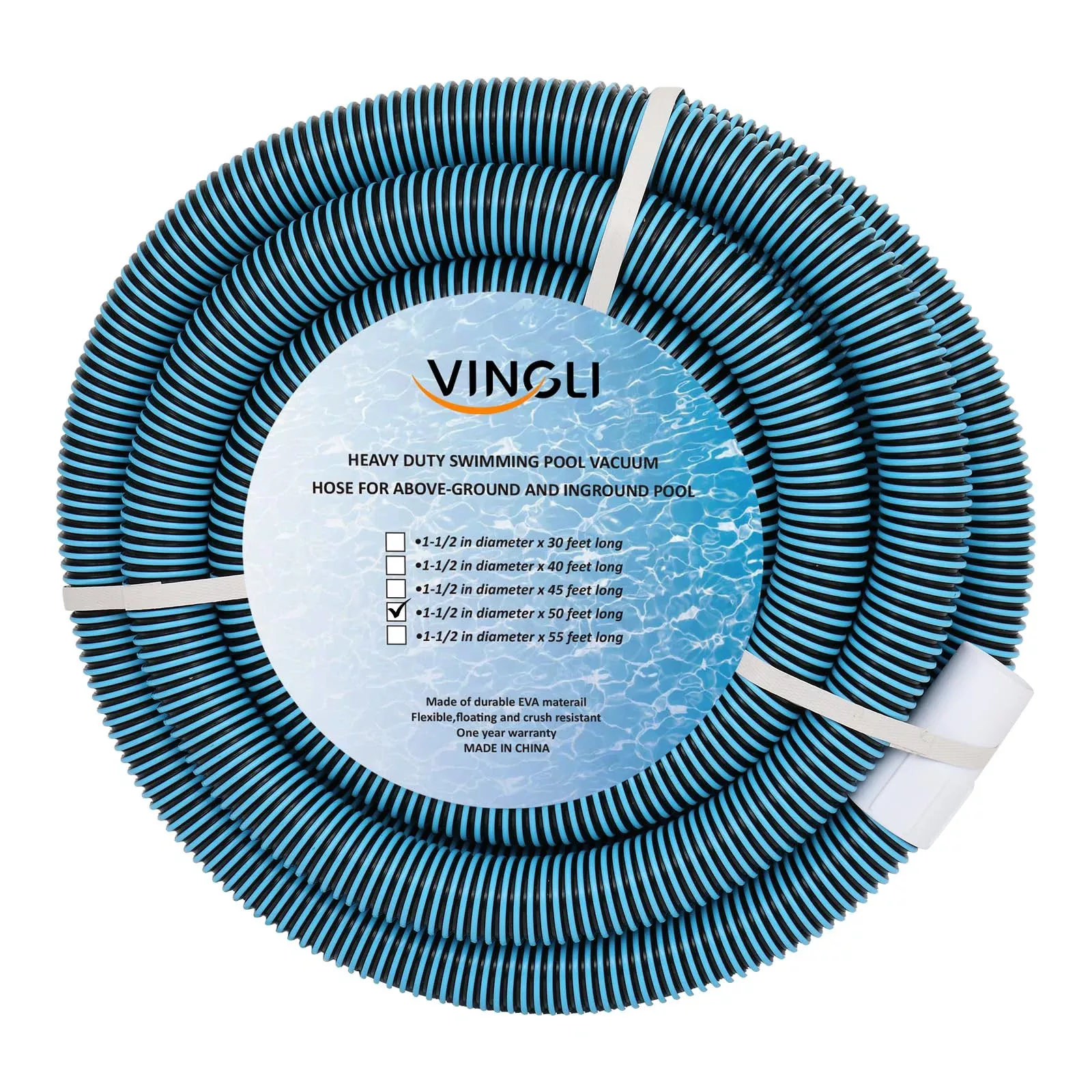 VINGLI 1-1 /2-Inch by 50-Feet Blue Swimming Pool Vacuum Hose for Inground and Above-Ground Pools