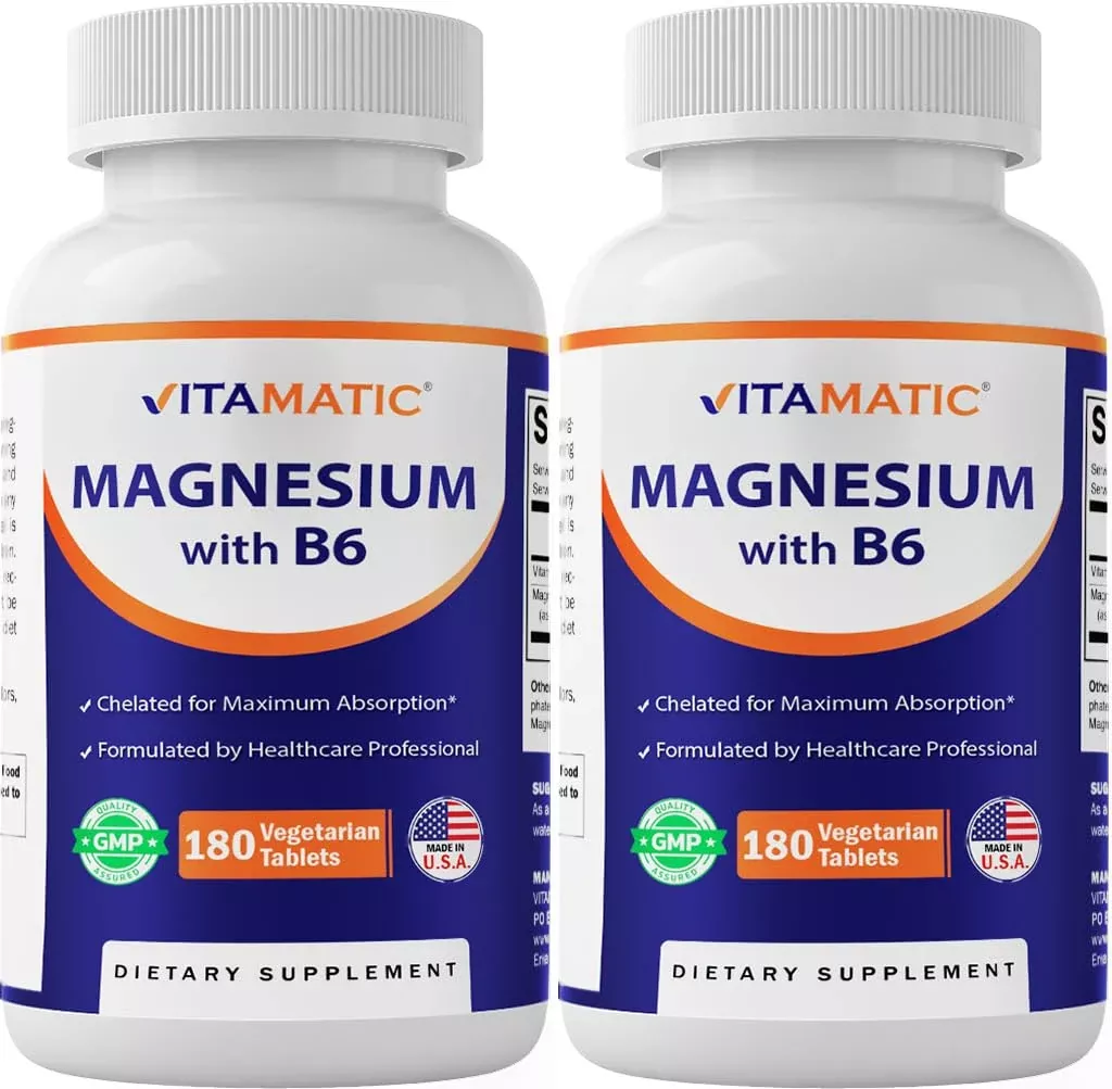 Vitamatic Magnesium with B6-180 Vegetarian Tablets (Uncoated) - Added B6 for Maximum Absorption - Supports Muscle, Joint, and Heart Health - 2 Pack