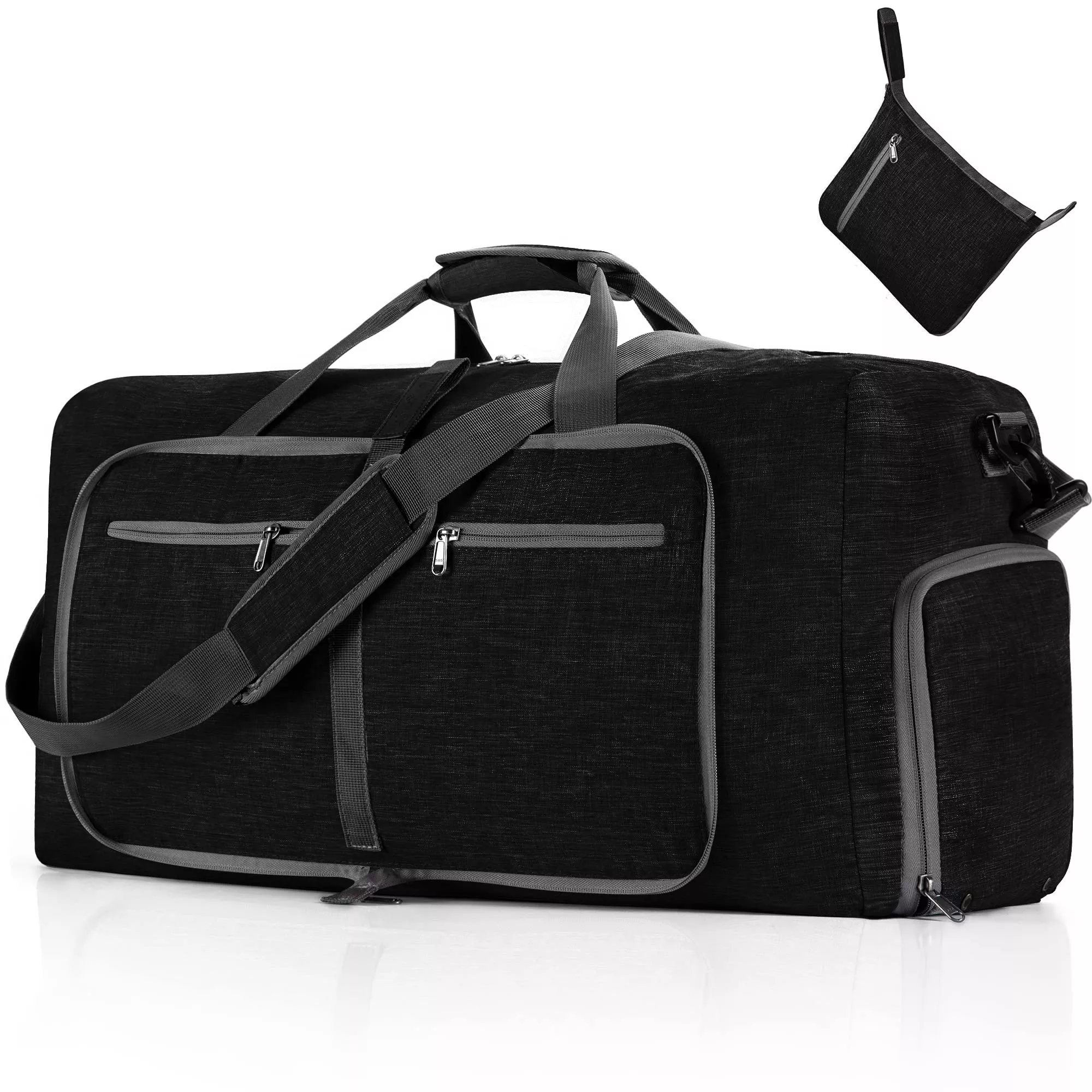 Vomgomfom Travel Duffle Bag for Men, 65L Foldable Travel Duffel Bag with Shoes Compartment Overnight Bag for Men Women,Black