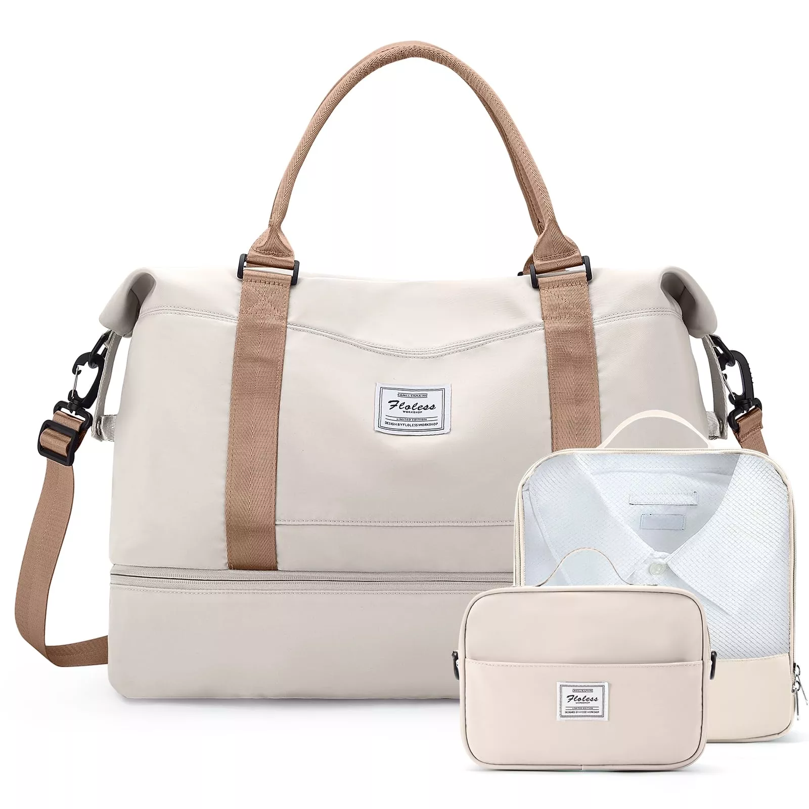Weekender Bags for Women,Travel Duffle Overnight Bag with Shoe Compartment,Personal Item Carry On Bag,Beige & Brown,Extra Large,3 Pcs Set
